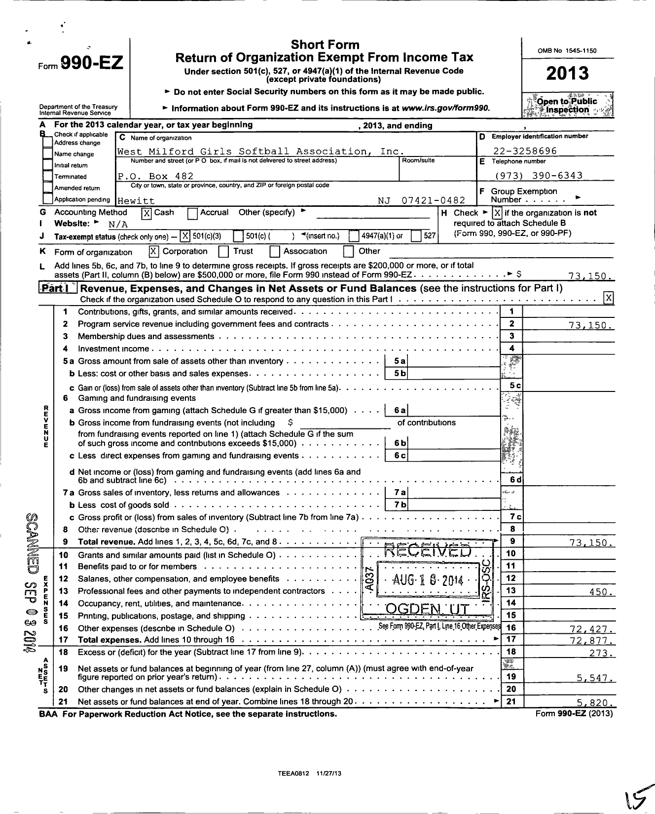 Image of first page of 2013 Form 990EZ for West Milford Girls Softball