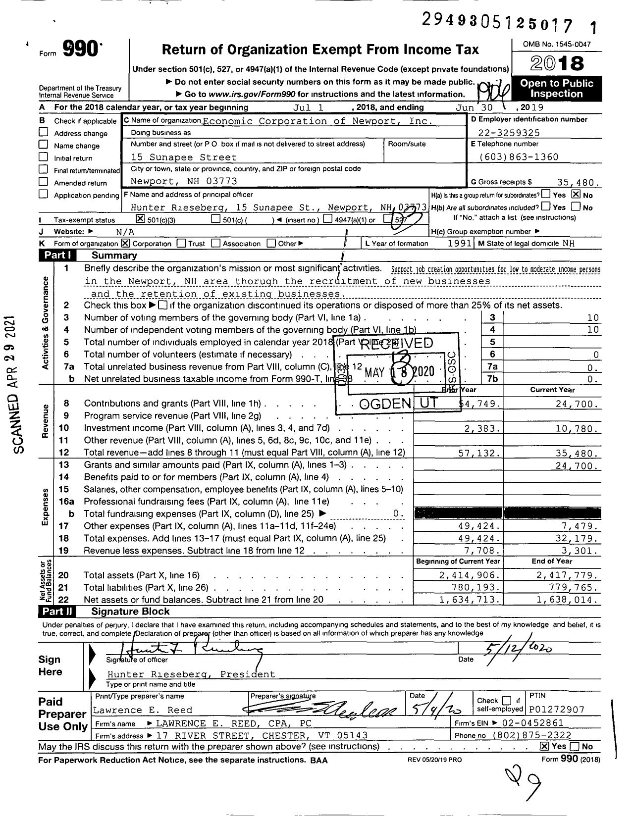 Image of first page of 2018 Form 990 for Economic Corporation of Newport