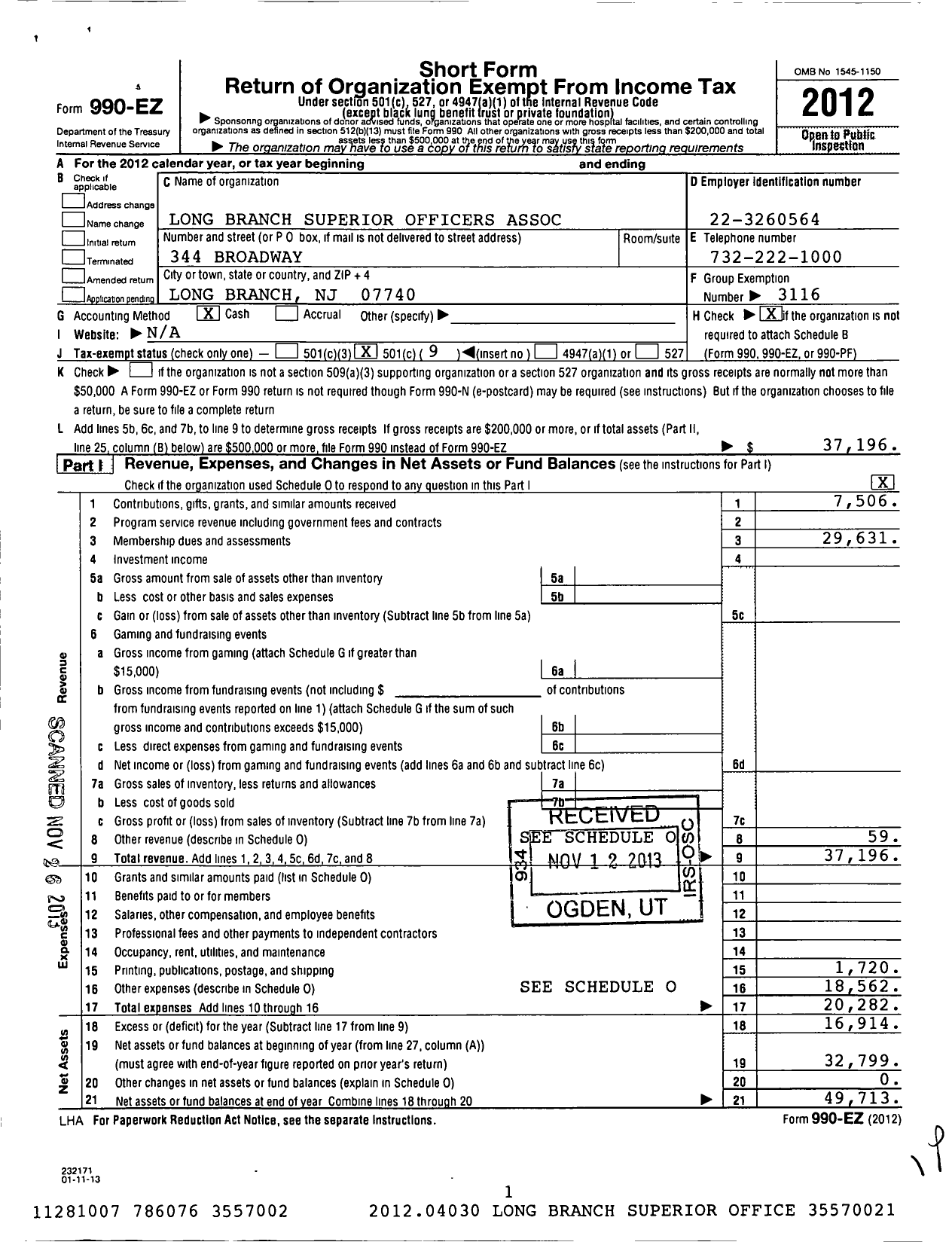 Image of first page of 2012 Form 990EO for NJ State Patrolmen's Benevolent Association - 10a Long Branch Superior Officers