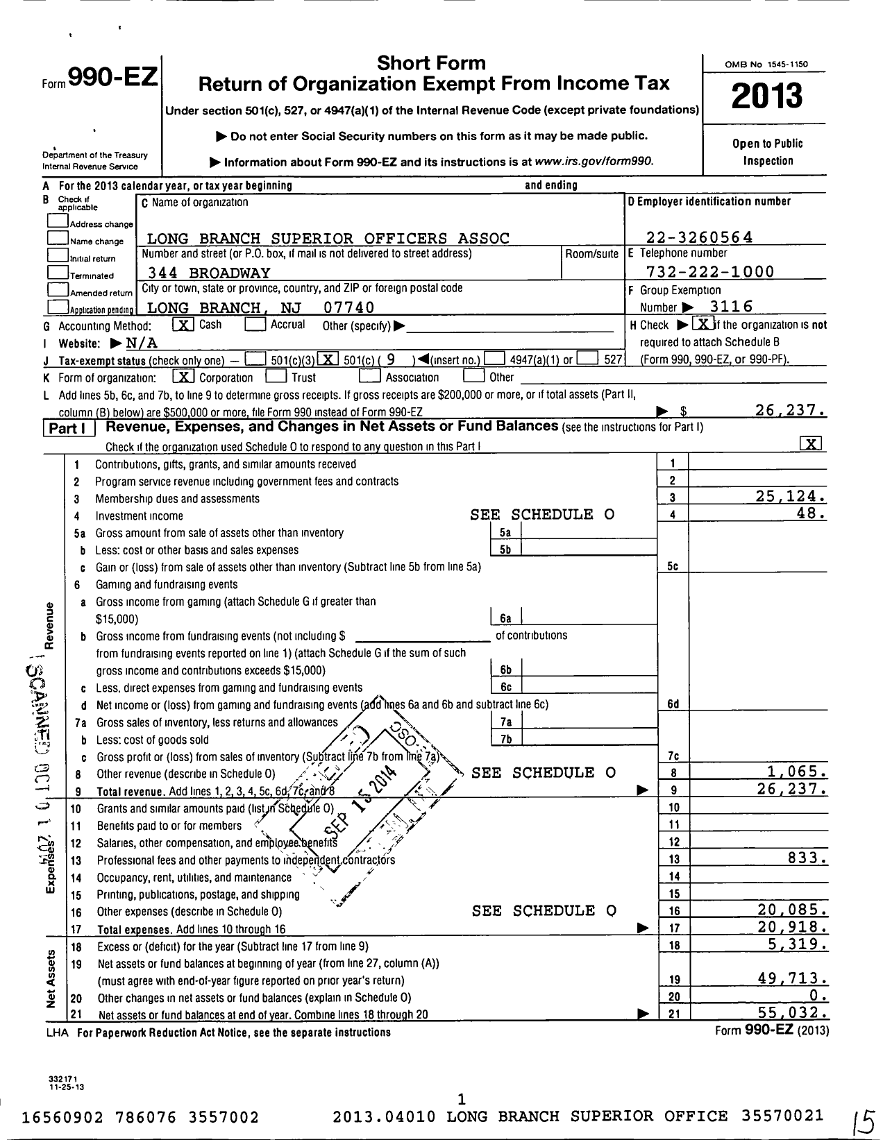 Image of first page of 2013 Form 990EO for NJ State Patrolmen's Benevolent Association - 10a Long Branch Superior Officers