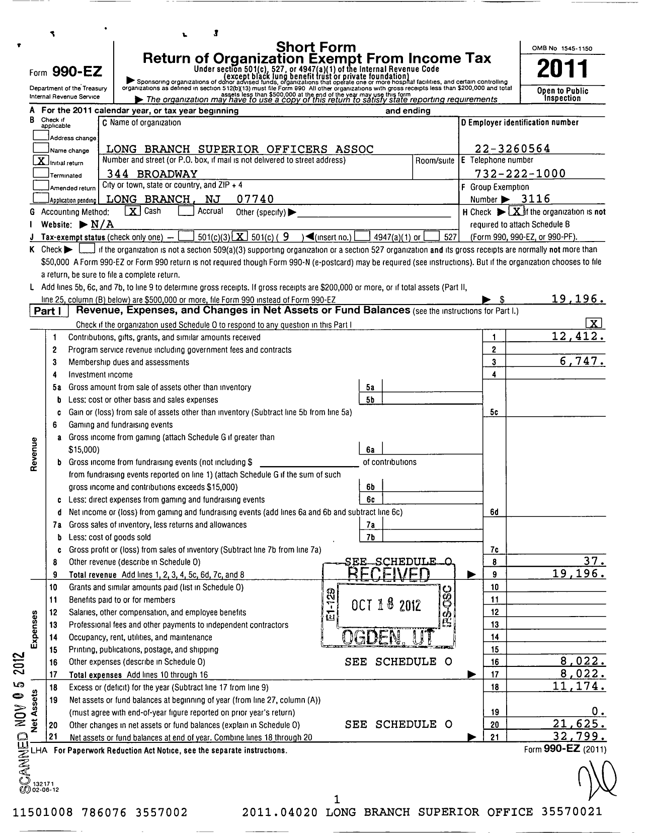 Image of first page of 2011 Form 990EO for NJ State Patrolmen's Benevolent Association - 10a Long Branch Superior Officers