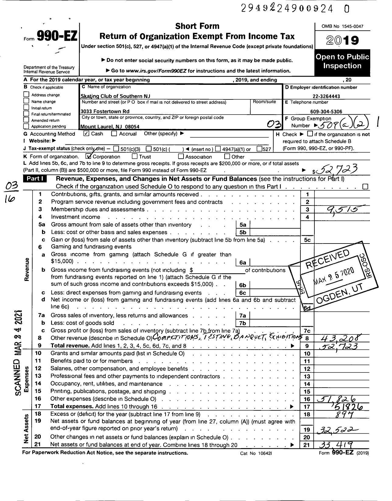 Image of first page of 2019 Form 990EZ for Skating Club of Southern New Jersey