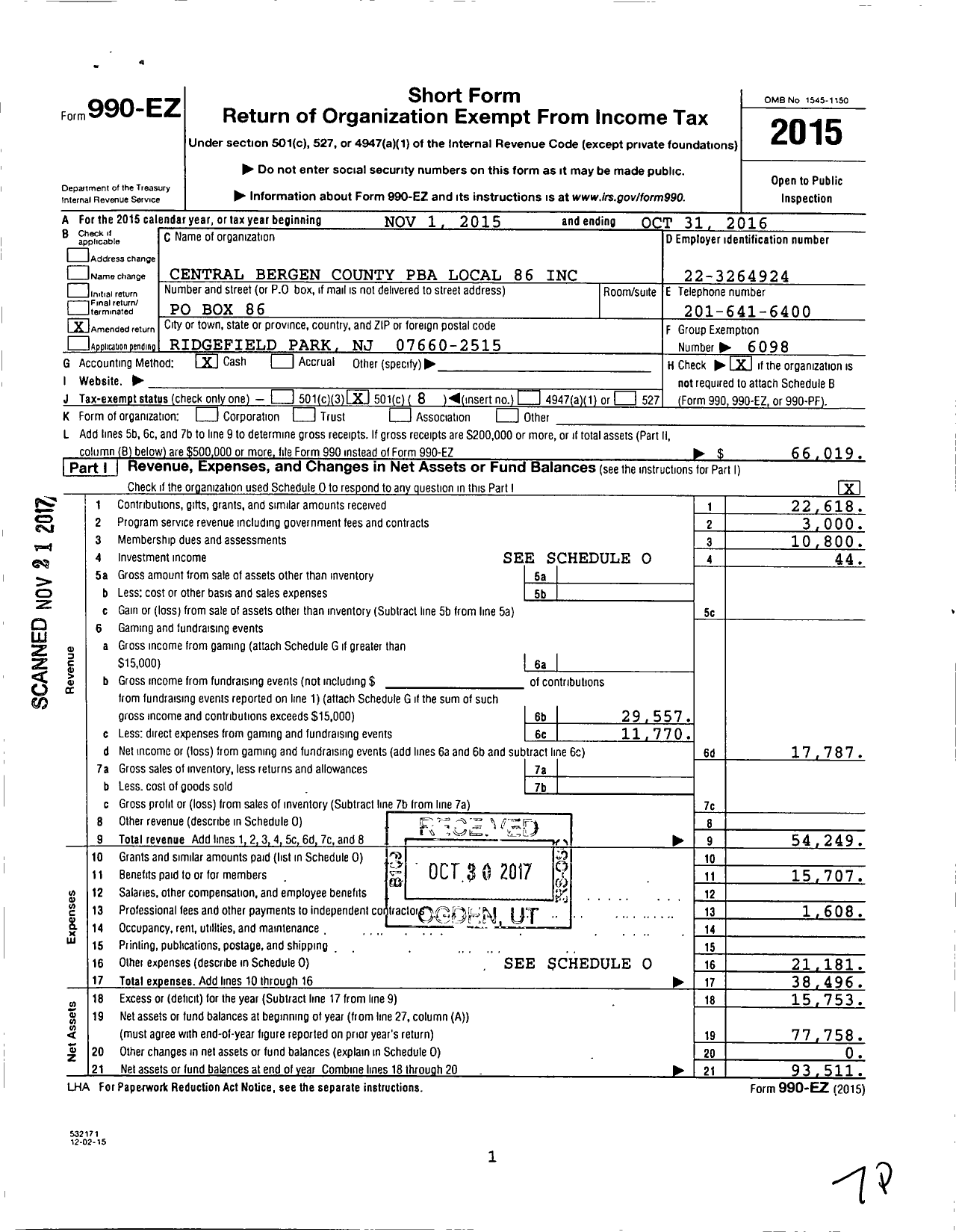 Image of first page of 2015 Form 990EO for NJ State Patrolmen's Benevolent Association - 86 Ridgefield Park Pba Local A NJ N