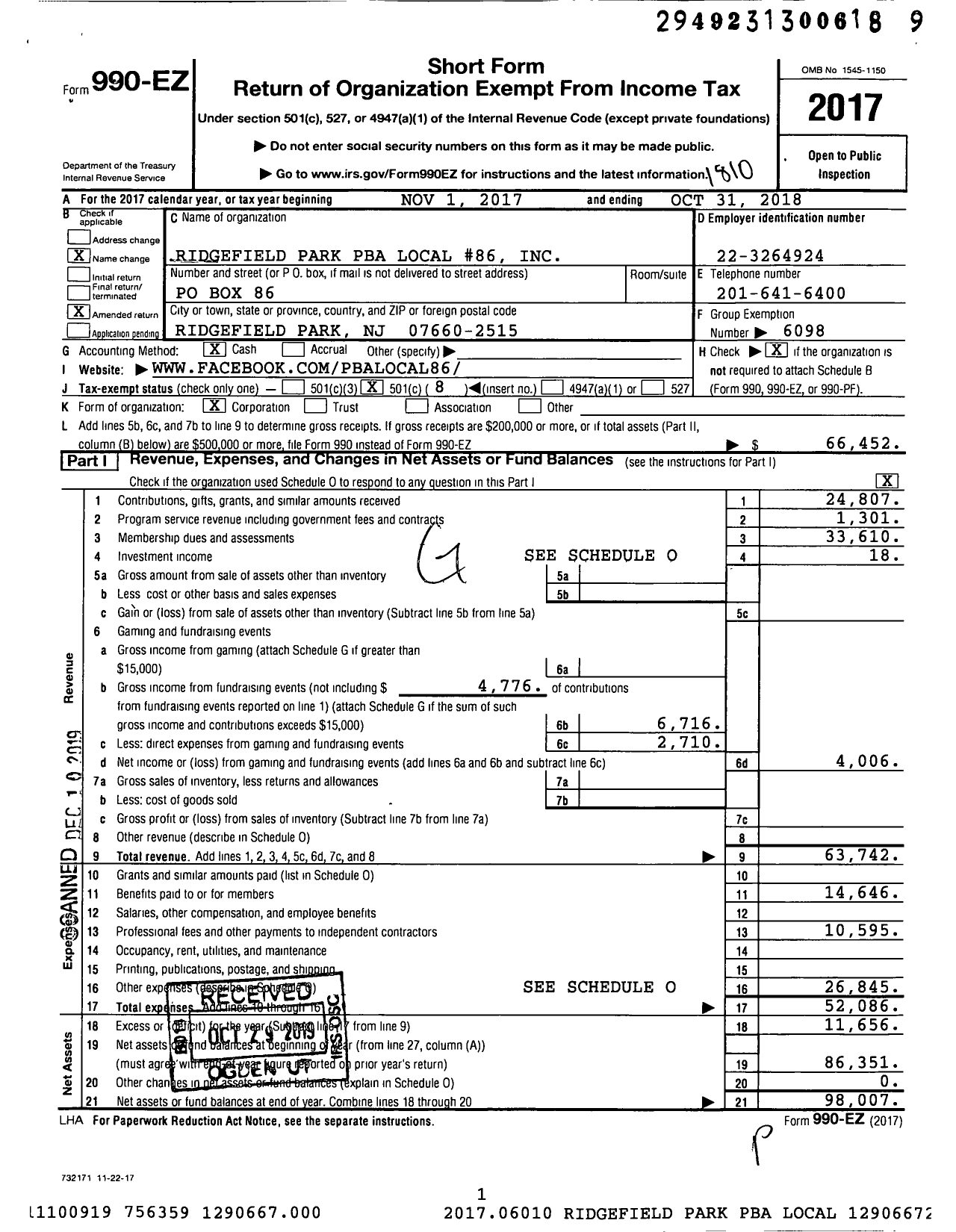 Image of first page of 2017 Form 990EO for NJ State Patrolmen's Benevolent Association - 86 Ridgefield Park Pba Local A NJ N