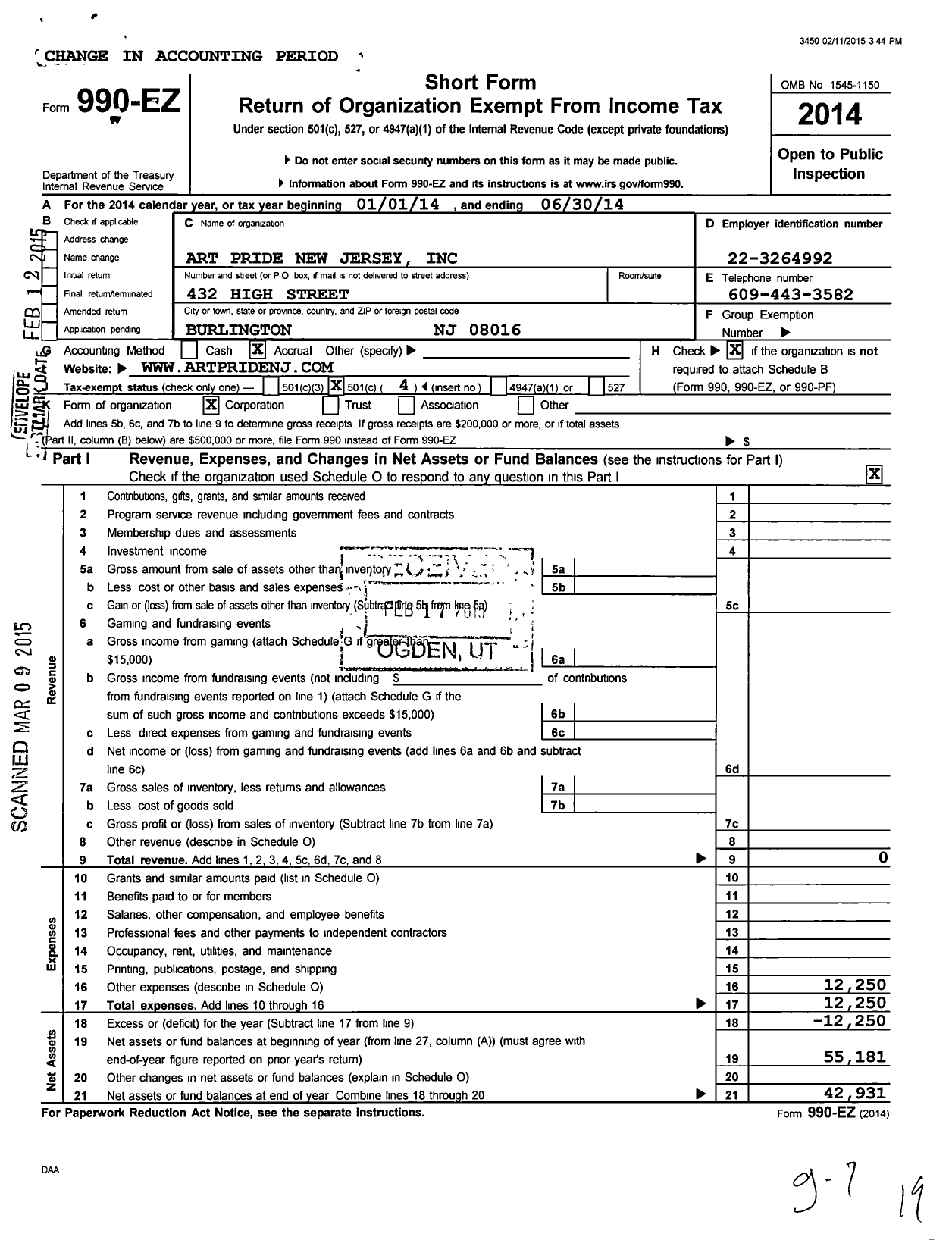 Image of first page of 2013 Form 990EO for Art Pride New Jersey