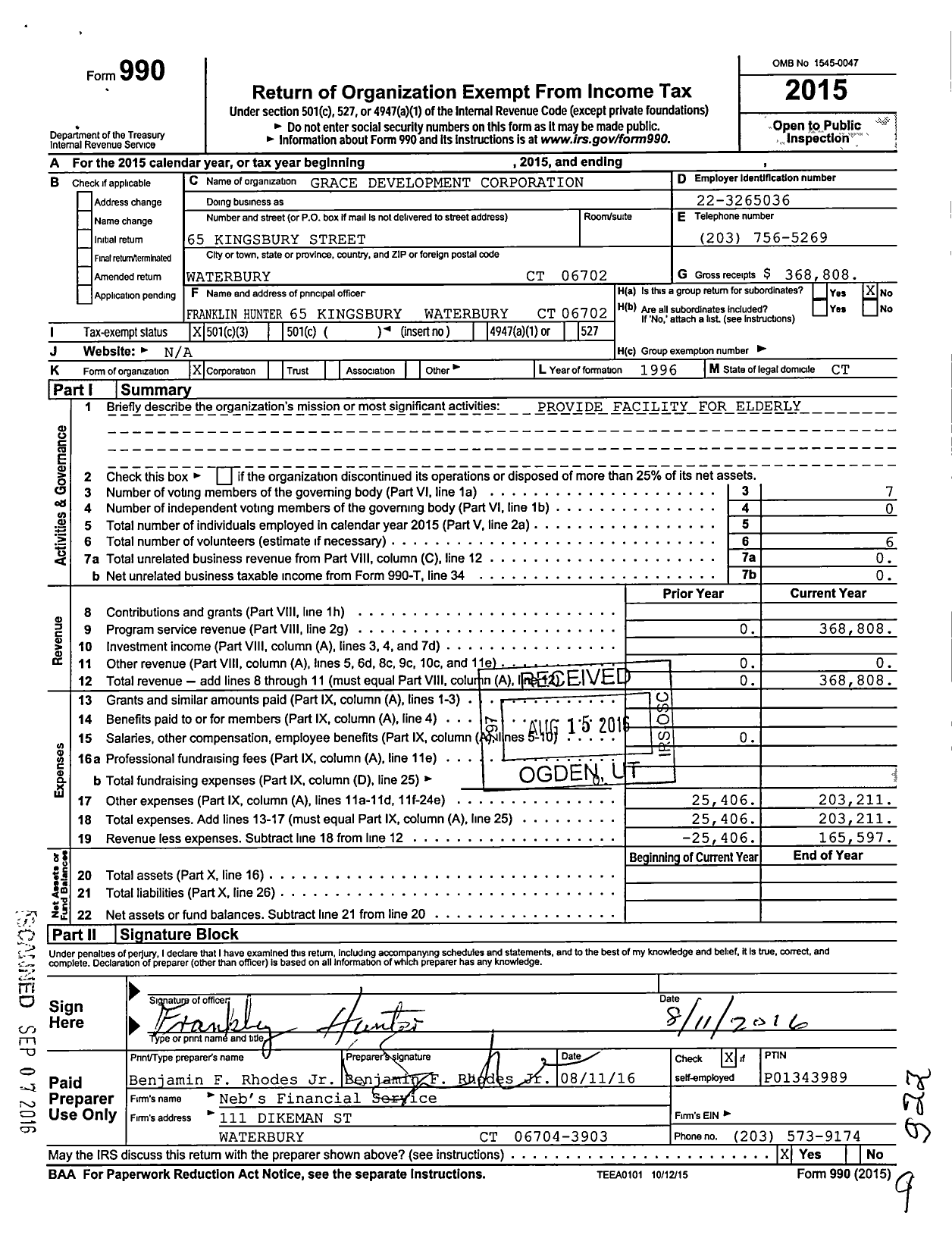 Image of first page of 2015 Form 990 for Grace Development Corporation of Waterbury
