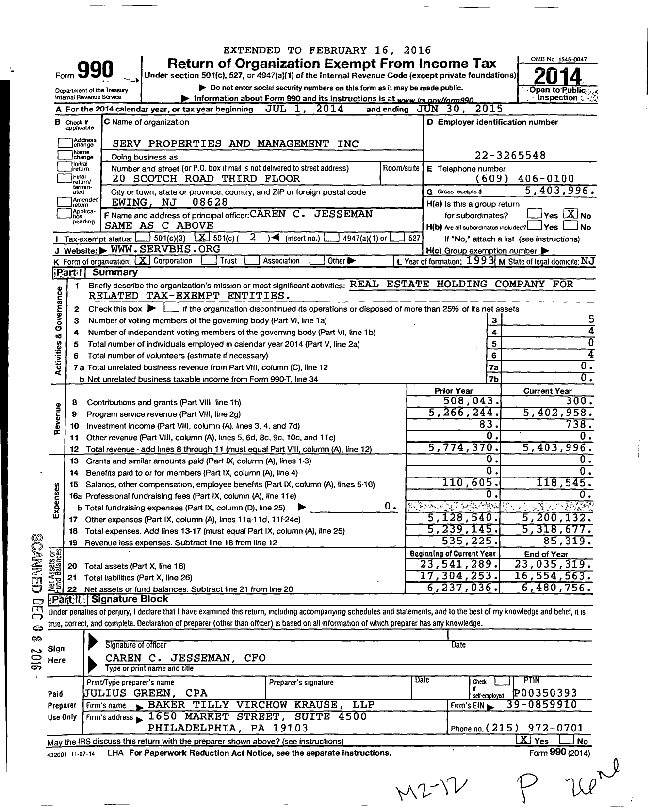 Image of first page of 2014 Form 990O for Serv Properties and Management