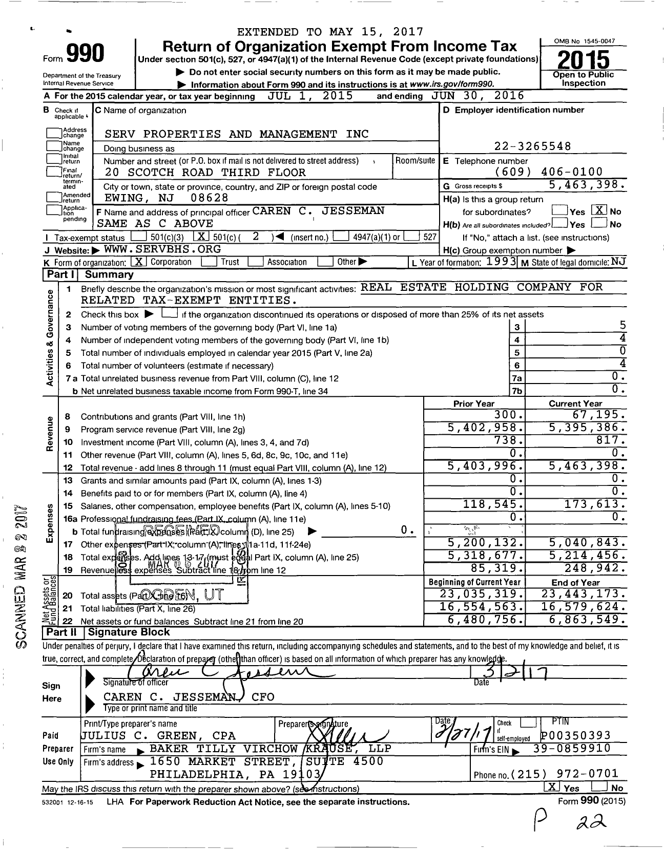 Image of first page of 2015 Form 990O for Serv Properties and Management