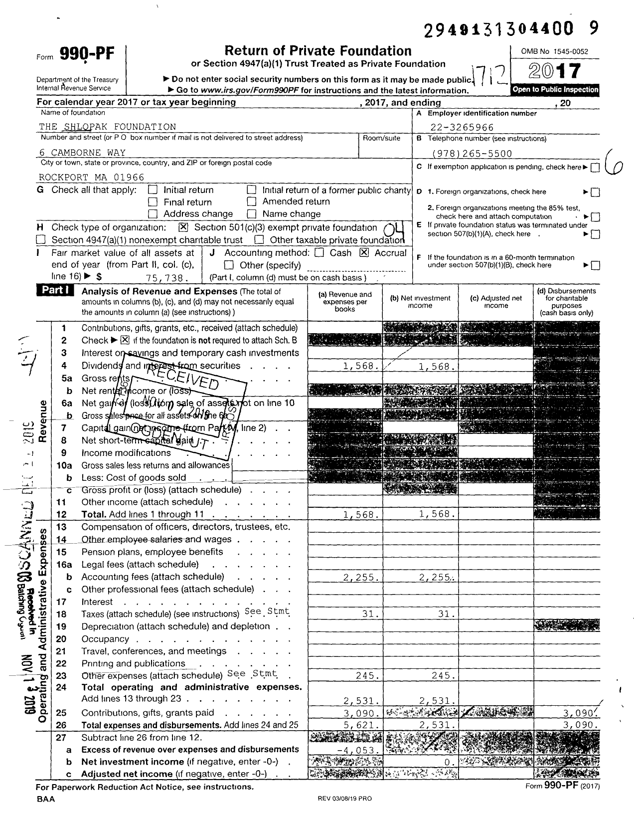 Image of first page of 2017 Form 990PF for The Shlopak Foundation