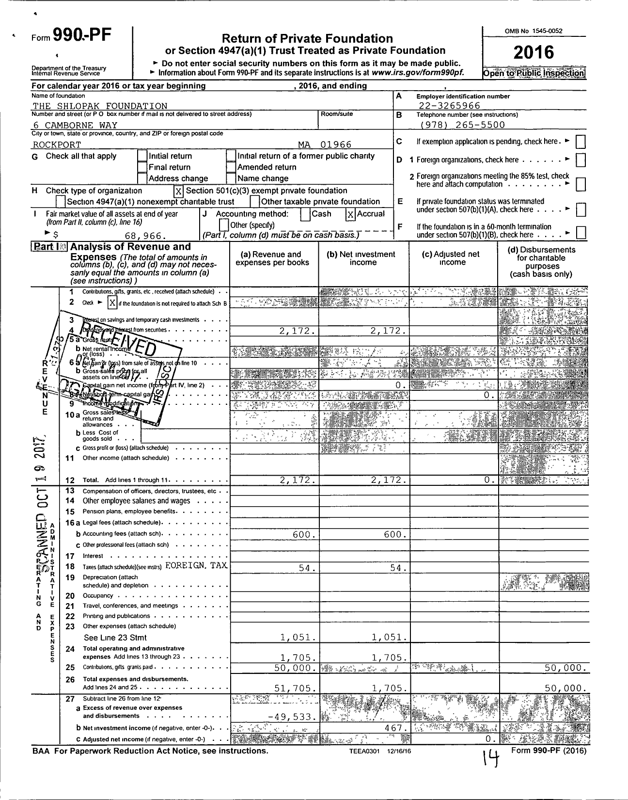 Image of first page of 2016 Form 990PF for The Shlopak Foundation