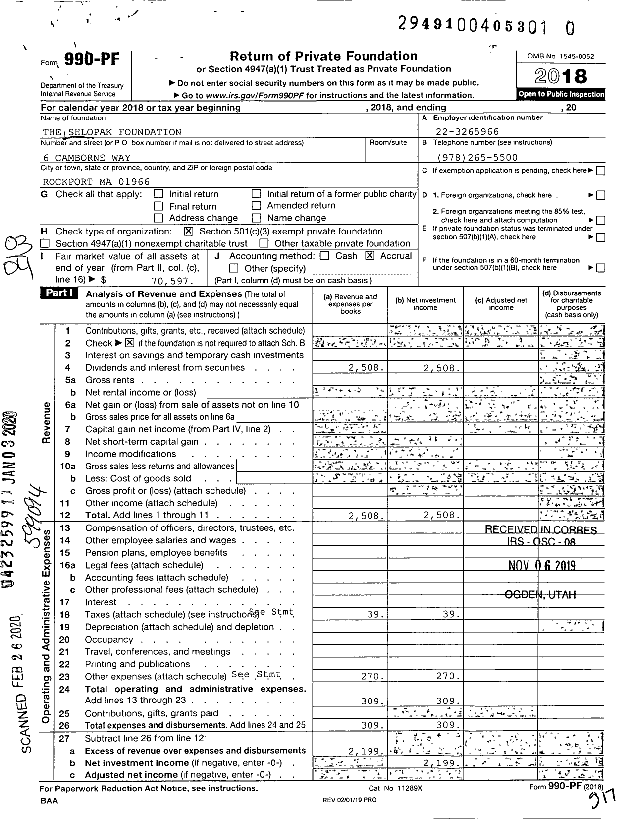 Image of first page of 2018 Form 990PR for The Shlopak Foundation