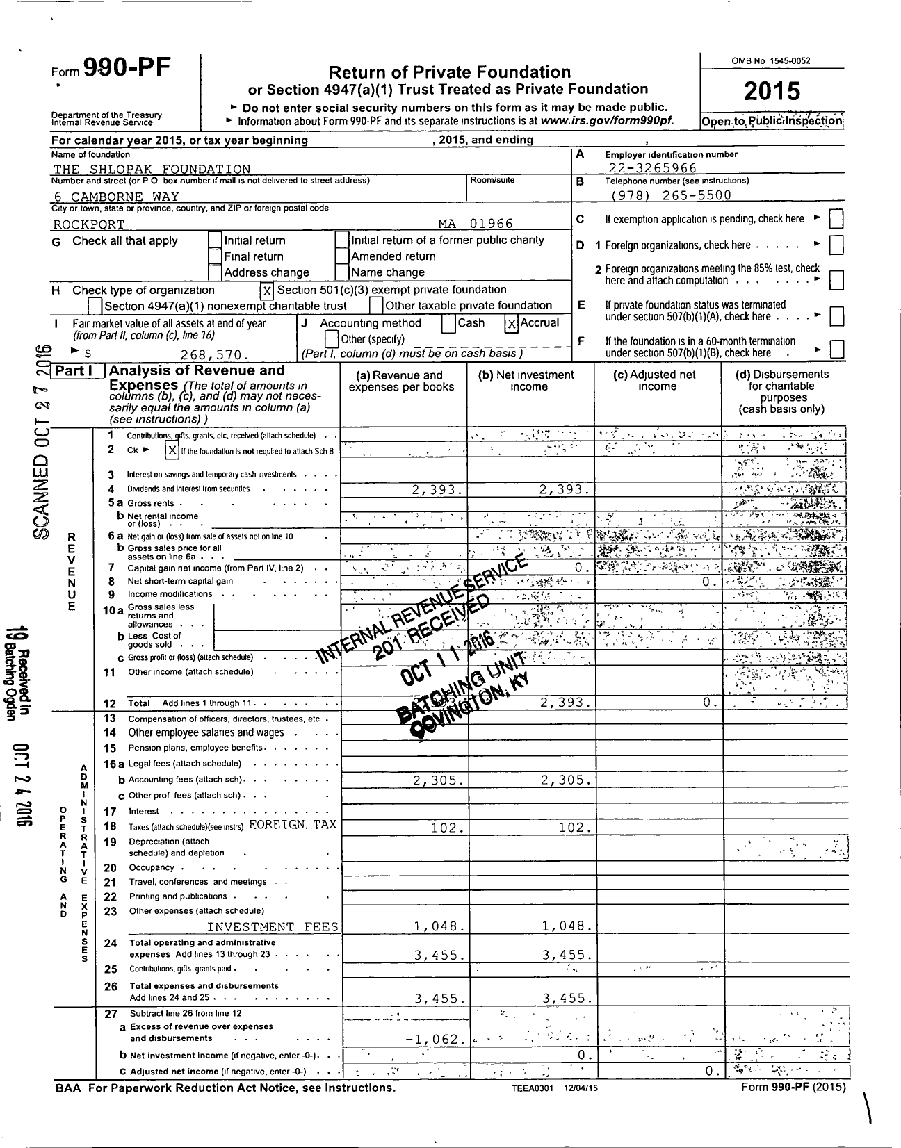 Image of first page of 2015 Form 990PF for The Shlopak Foundation