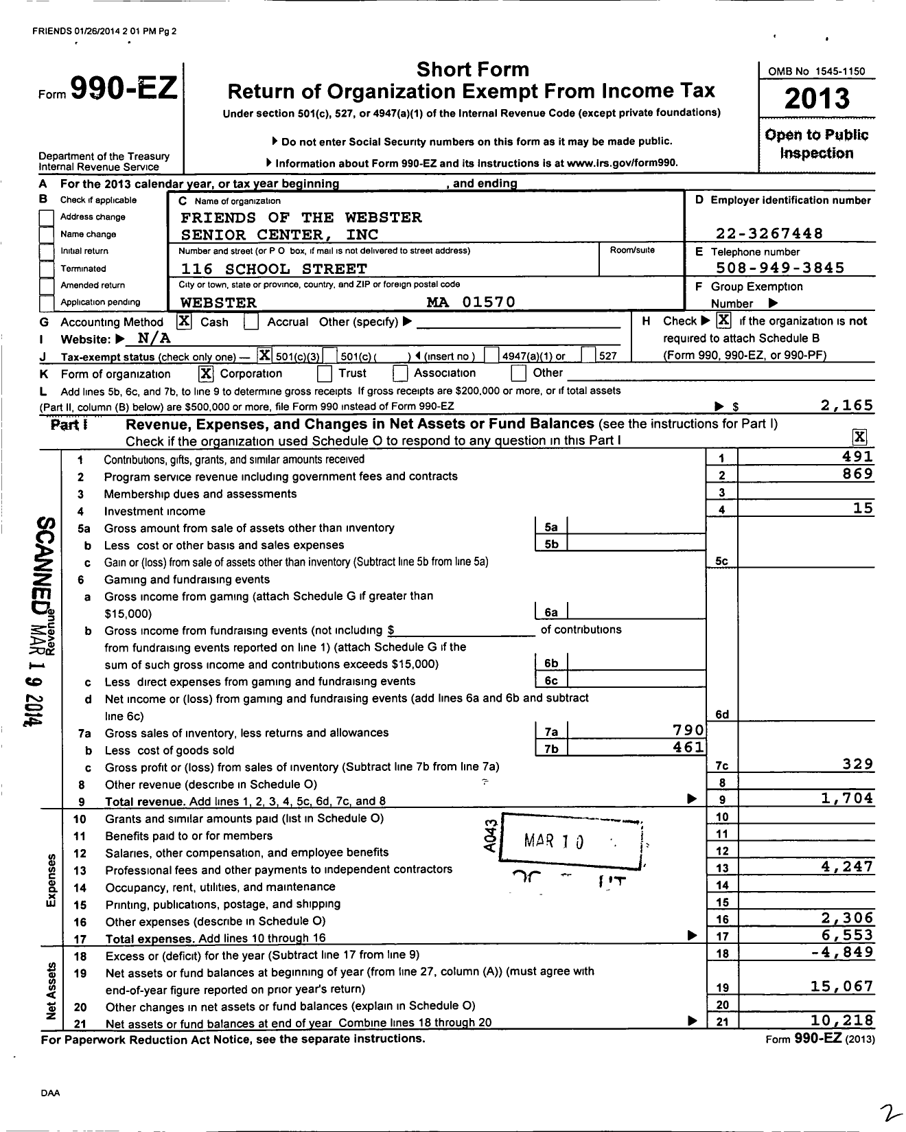 Image of first page of 2013 Form 990EZ for Friends of the Webster Senior Center