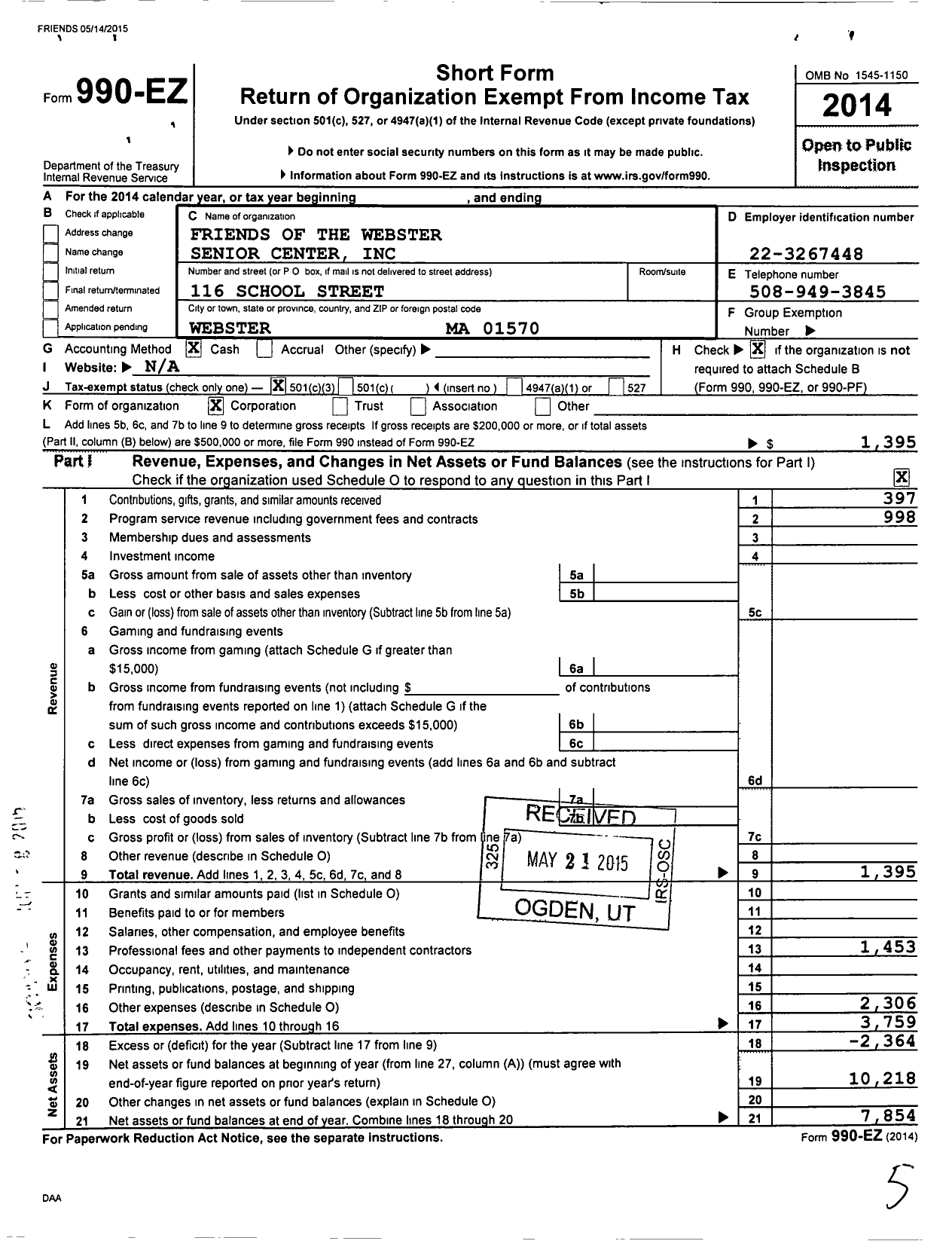 Image of first page of 2014 Form 990EZ for Friends of the Webster Senior Center