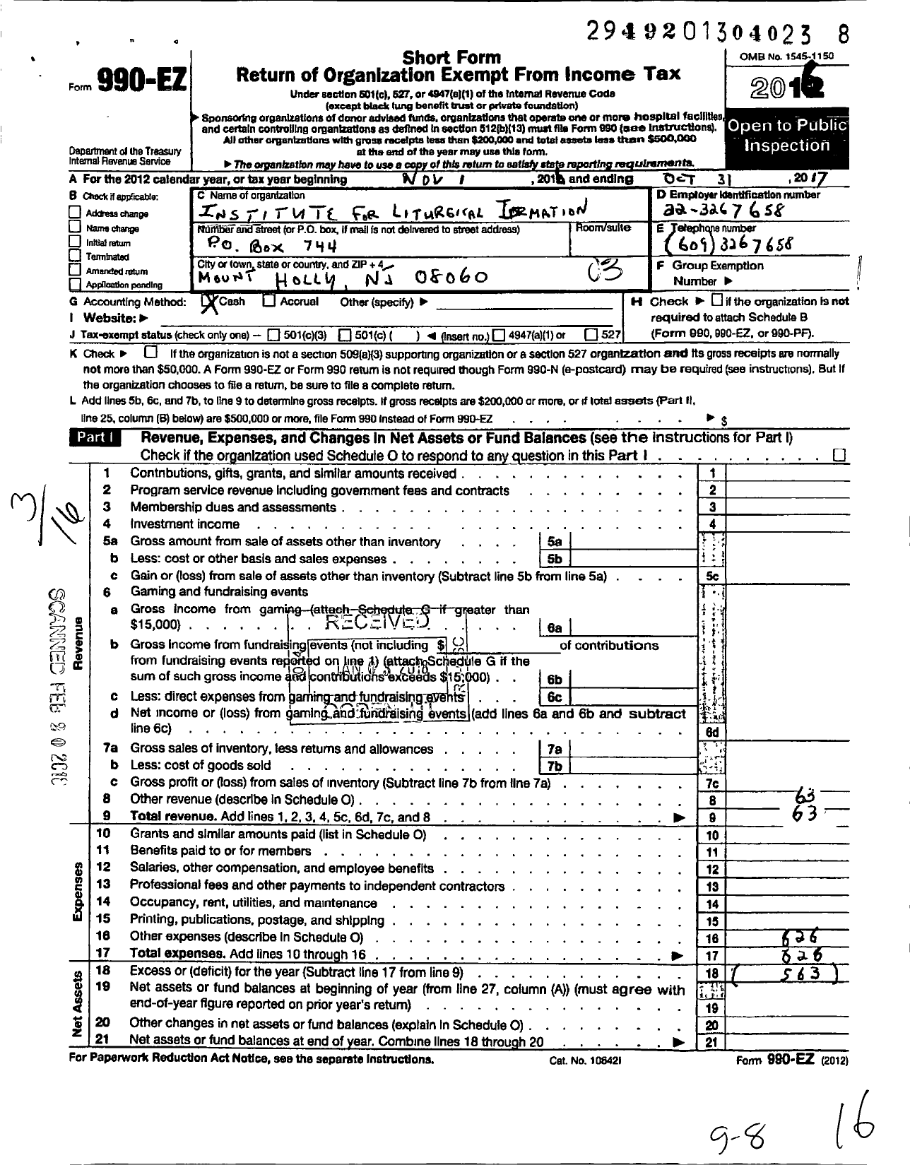 Image of first page of 2016 Form 990EZ for Institute for Liturgical Formation