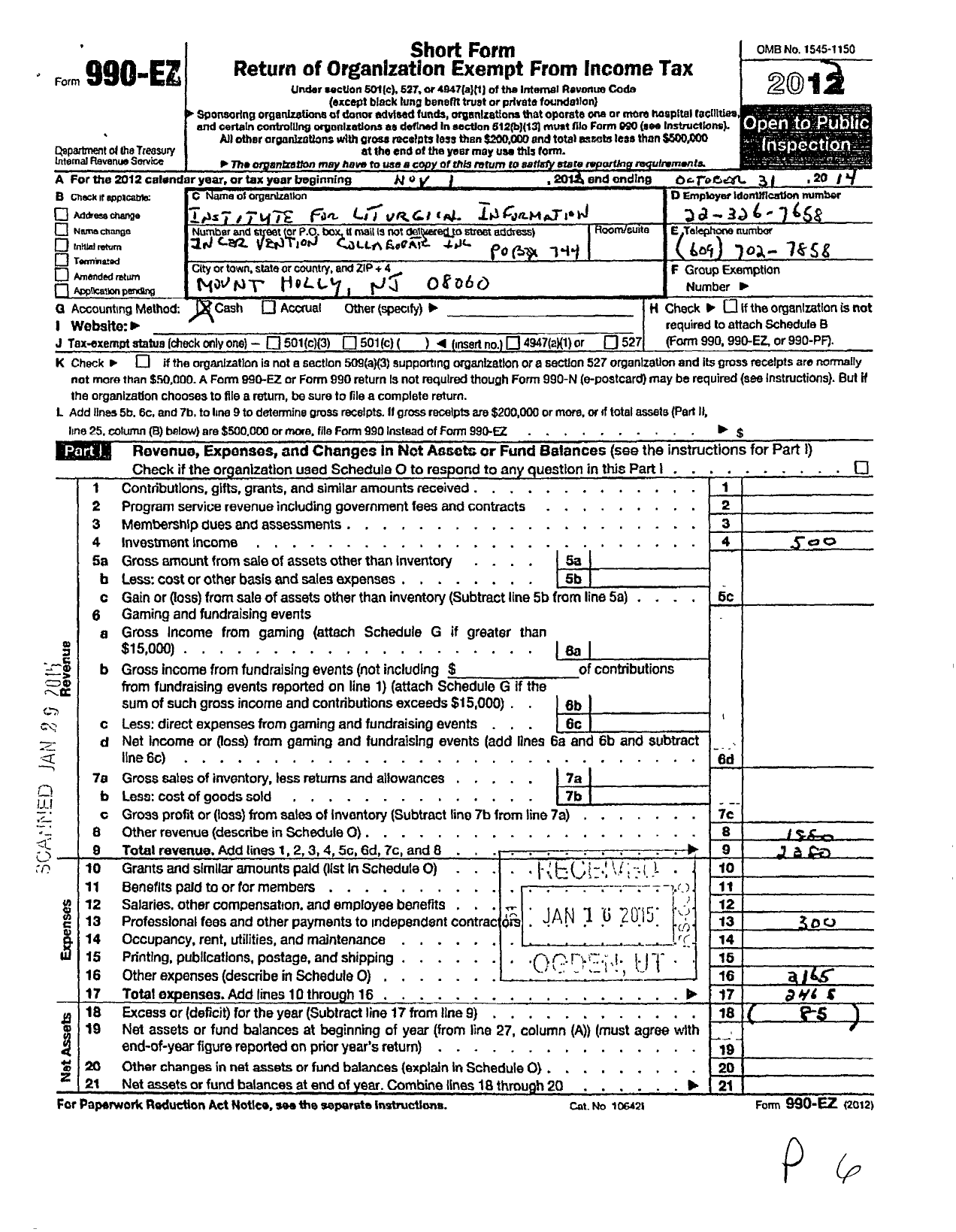 Image of first page of 2013 Form 990EO for Institute for Liturgical Formation