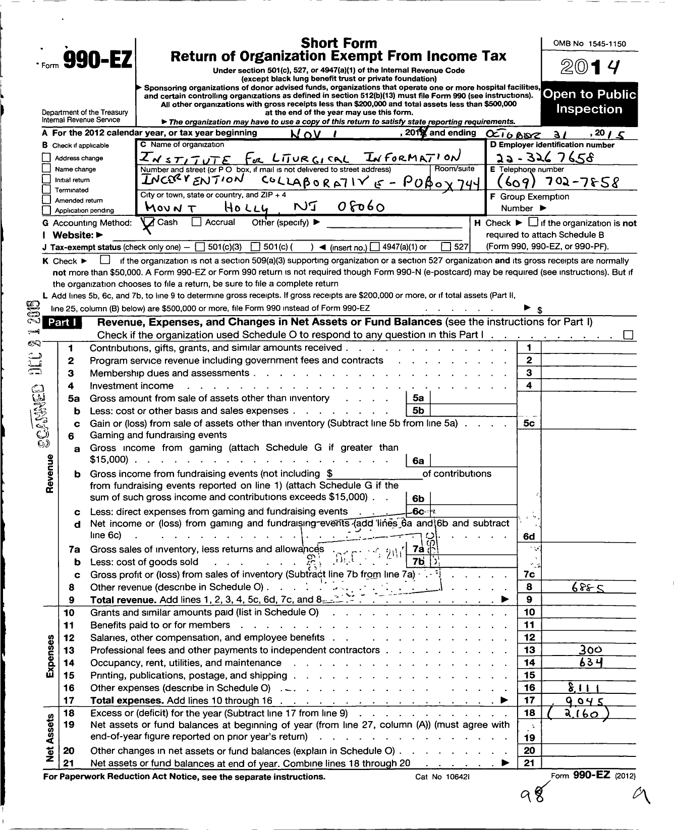 Image of first page of 2014 Form 990EO for Institute for Liturgical Formation