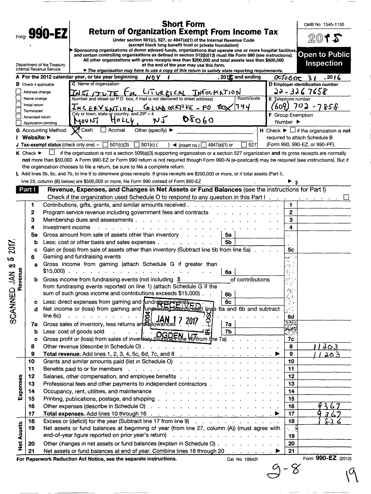 Image of first page of 2015 Form 990EO for Institute for Liturgical Formation