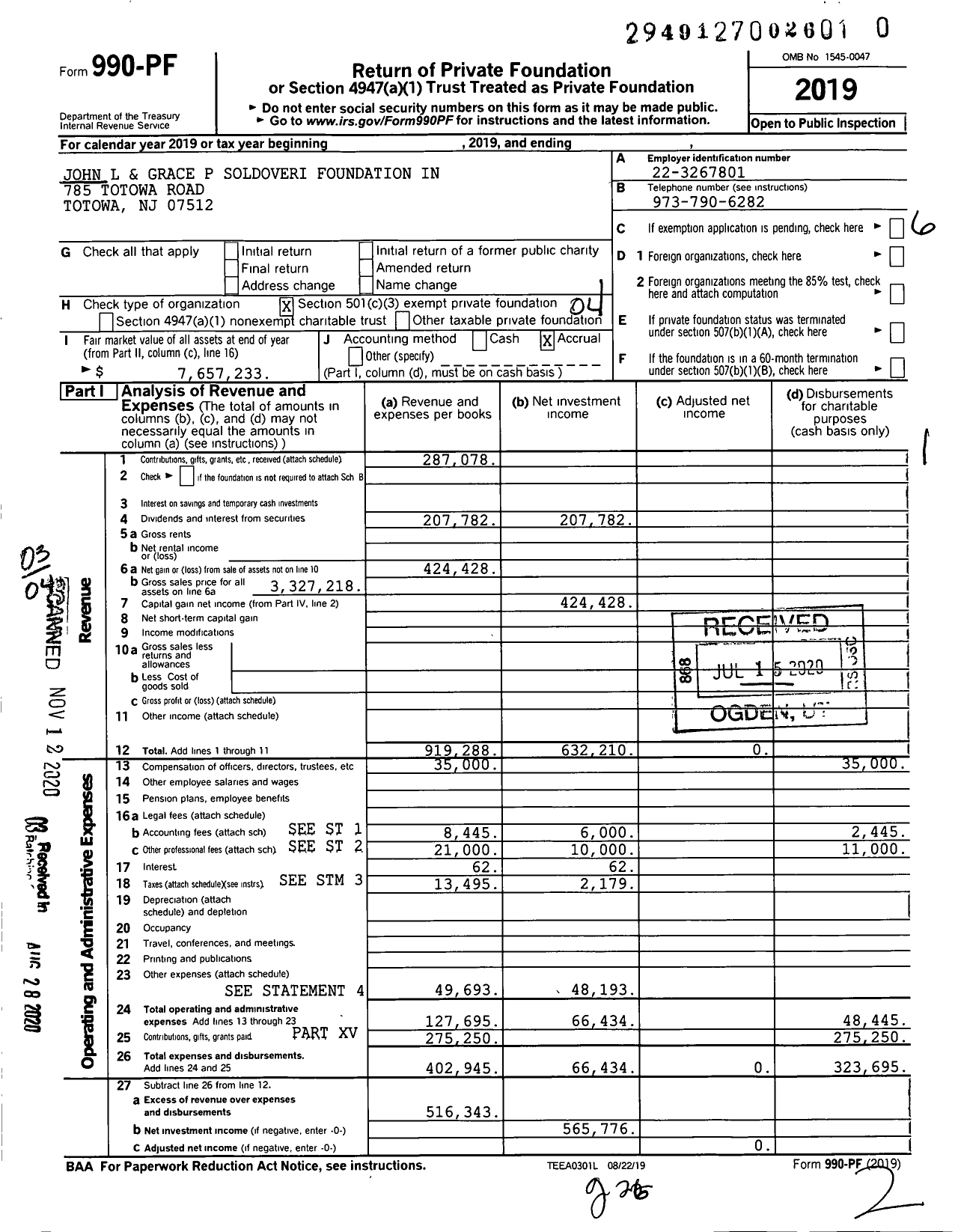 Image of first page of 2019 Form 990PF for John L and Grace P Soldoveri Foundation in