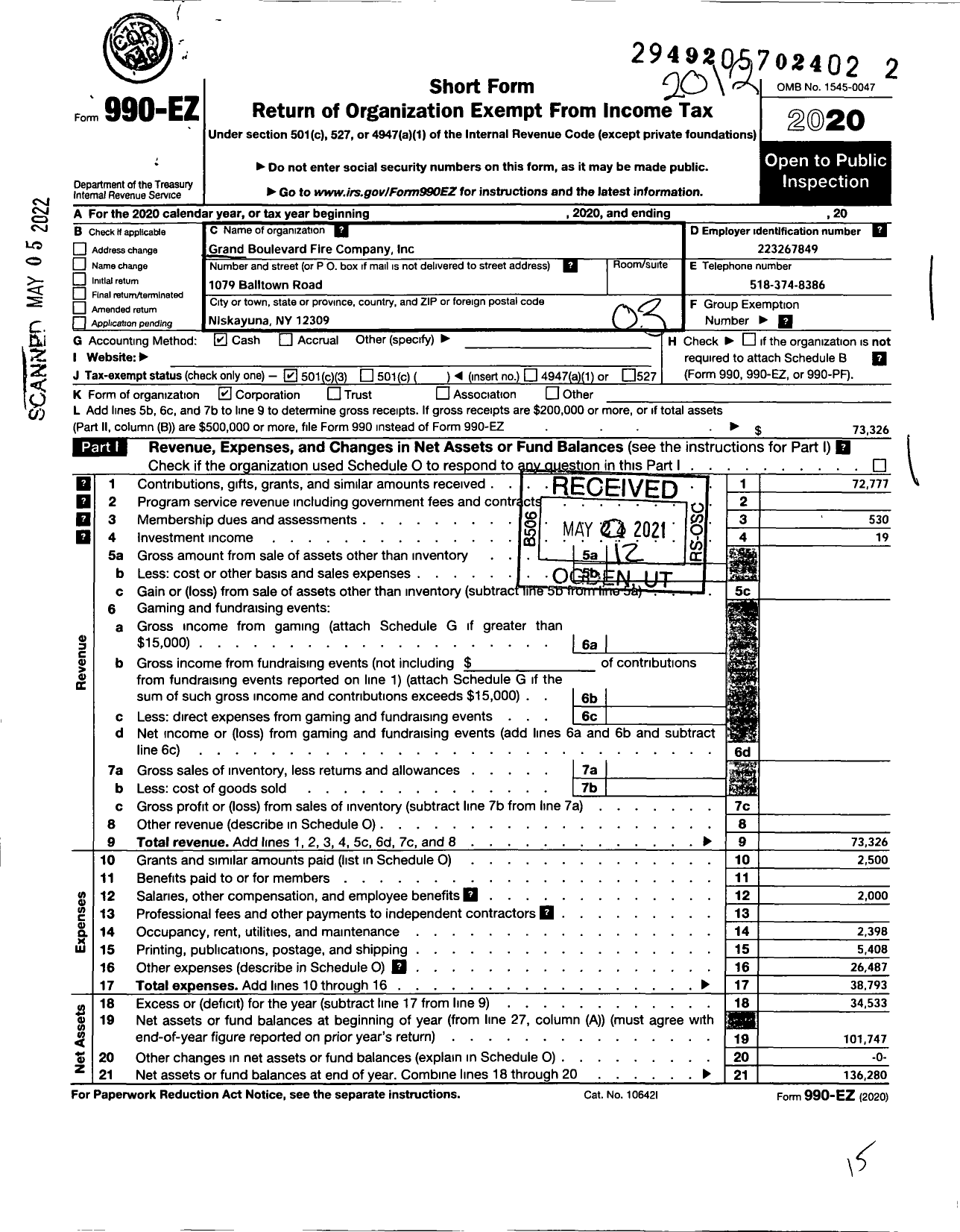 Image of first page of 2020 Form 990EZ for Grand Boulevard Fire