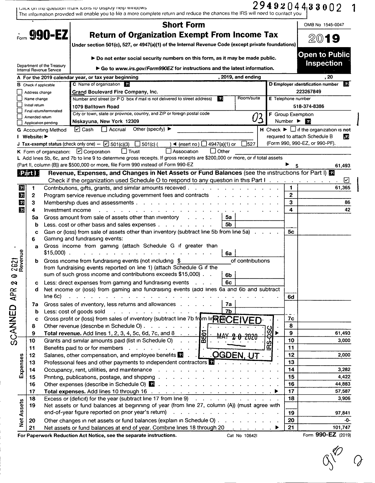 Image of first page of 2019 Form 990EZ for Grand Boulevard Fire