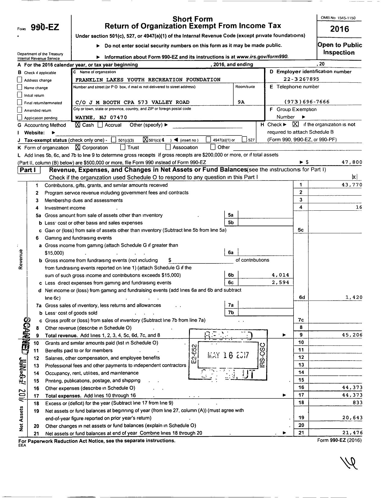 Image of first page of 2016 Form 990EO for Franklin Lakes Parks and Recreation Foundation