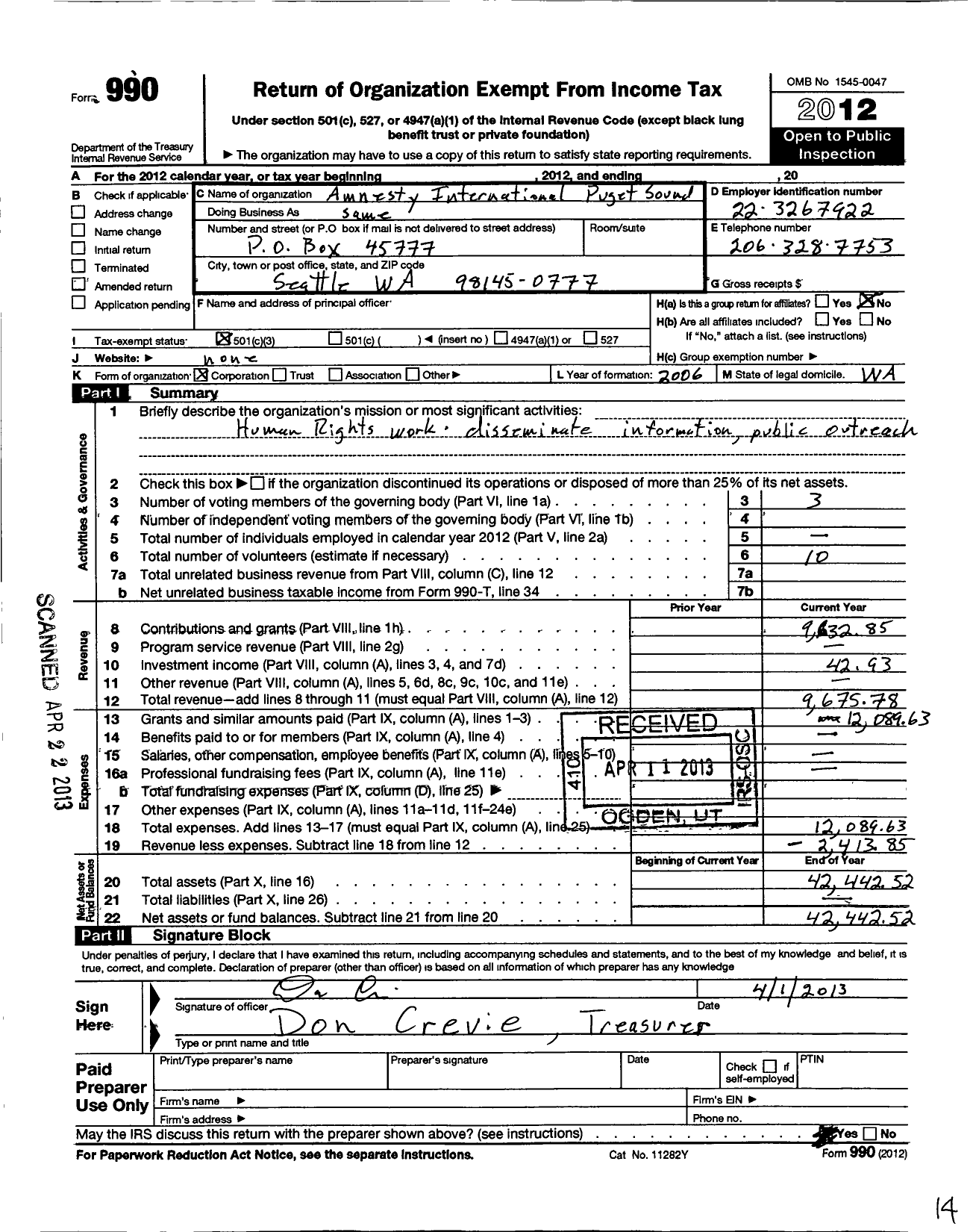 Image of first page of 2012 Form 990 for Amnesty International USA / Puget Sound Group of Amnesty Intl