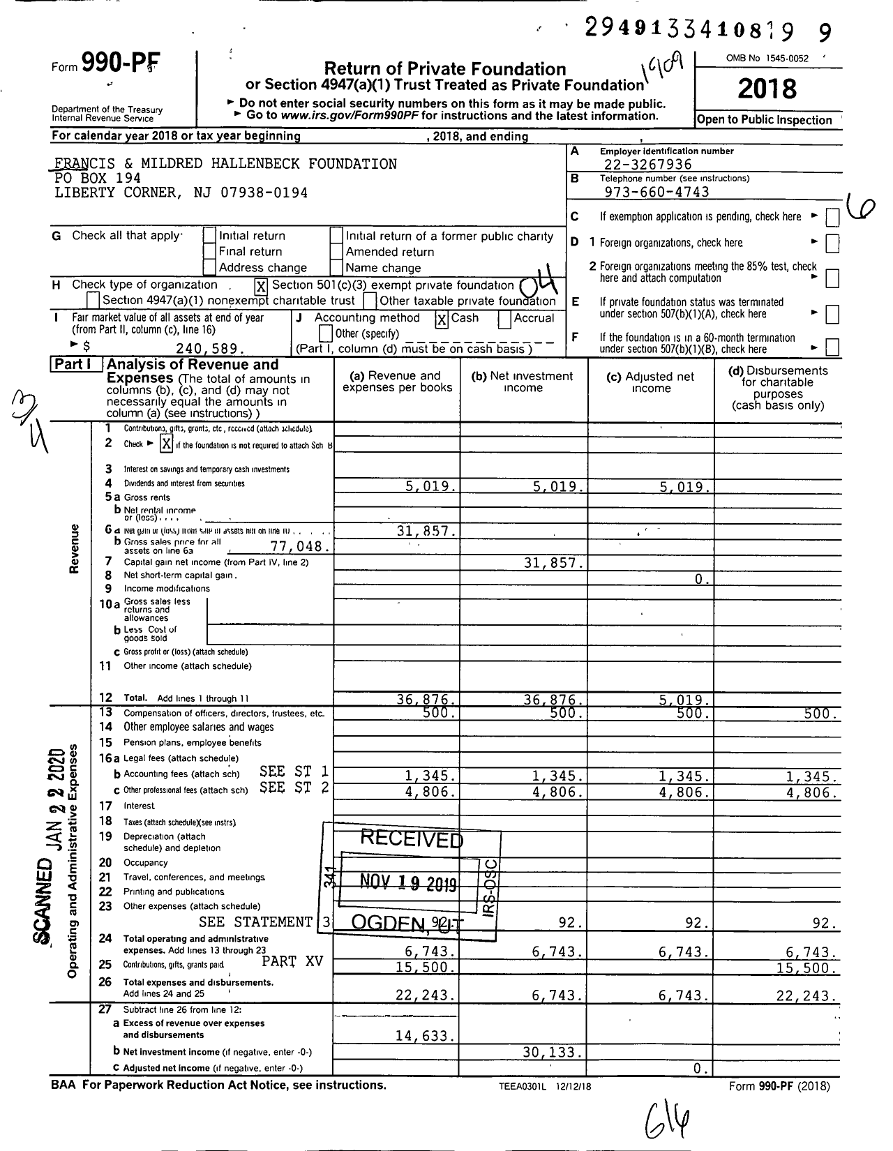 Image of first page of 2018 Form 990PF for Francis and Mildred Hallenbeck Foundation