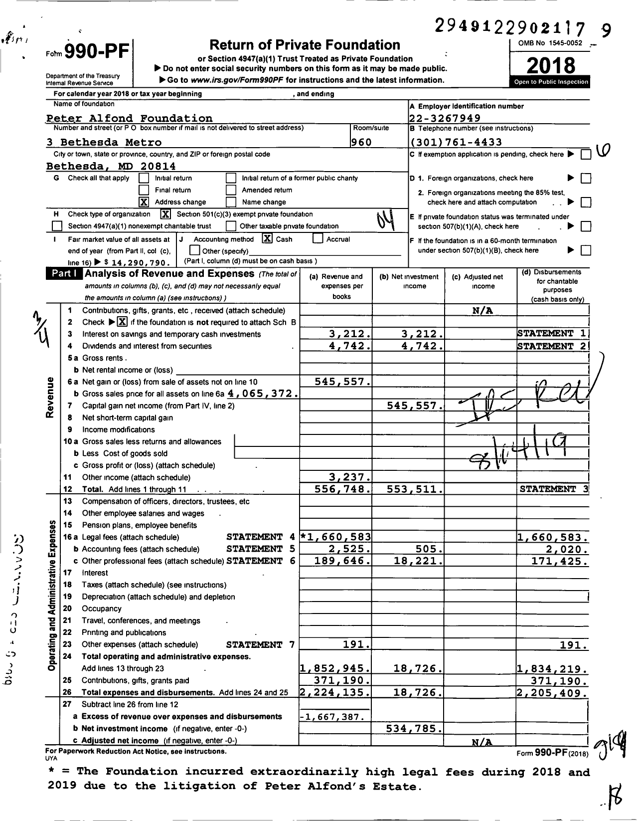 Image of first page of 2018 Form 990PF for Peter Alfond Foundation