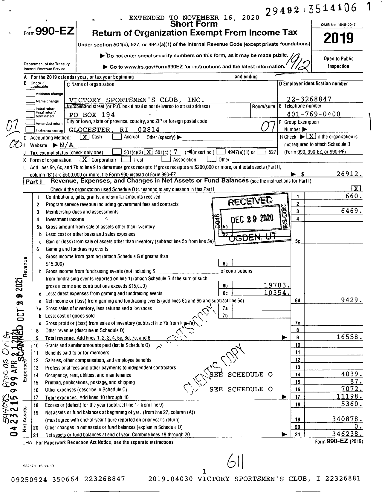 Image of first page of 2019 Form 990EO for Victory Sportsmens Club