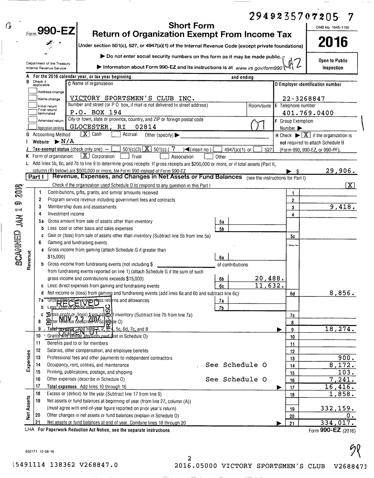 Image of first page of 2016 Form 990EO for Victory Sportsmens Club