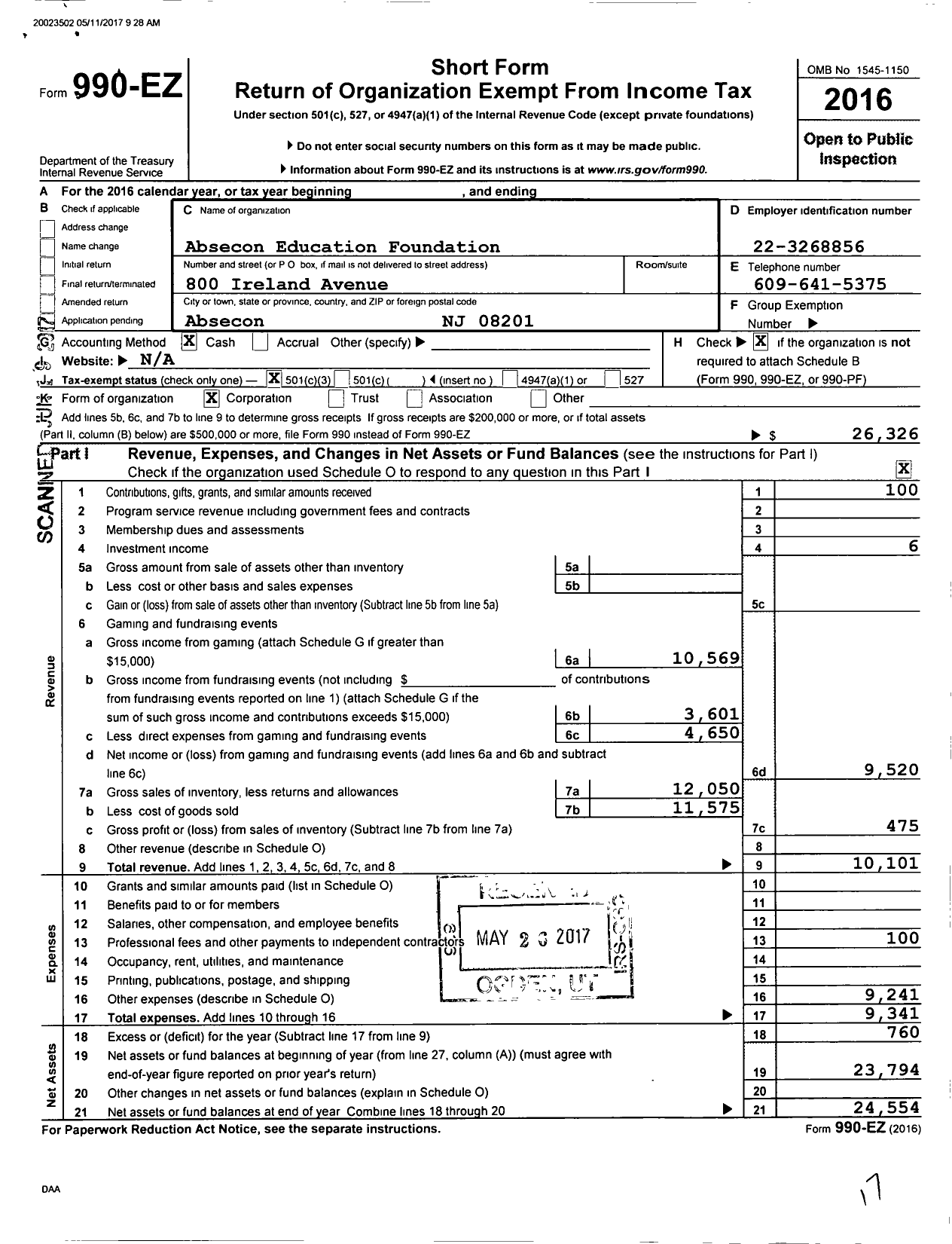 Image of first page of 2016 Form 990EZ for Absecon Education Foundation