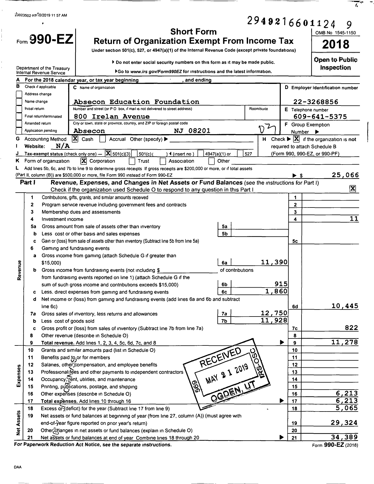 Image of first page of 2018 Form 990EZ for Absecon Education Foundation