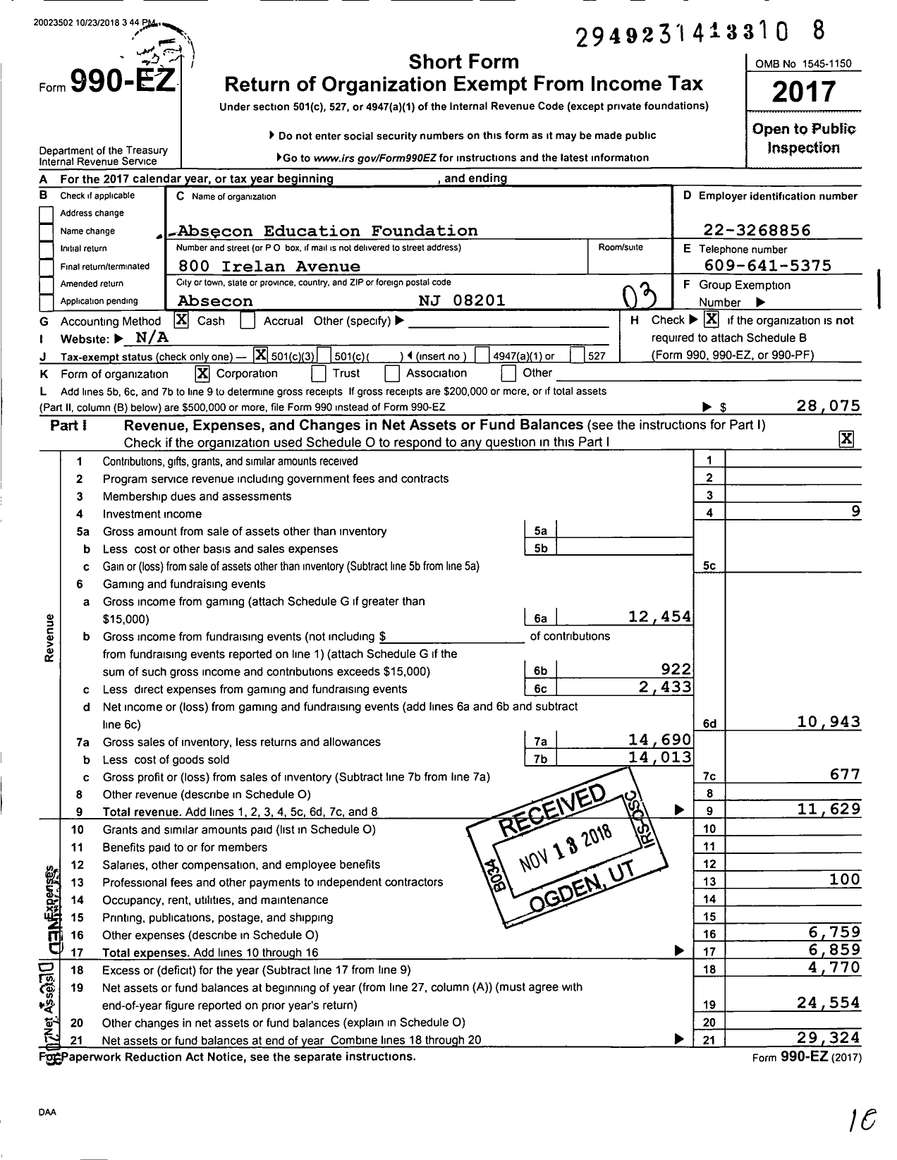 Image of first page of 2017 Form 990EZ for Absecon Education Foundation