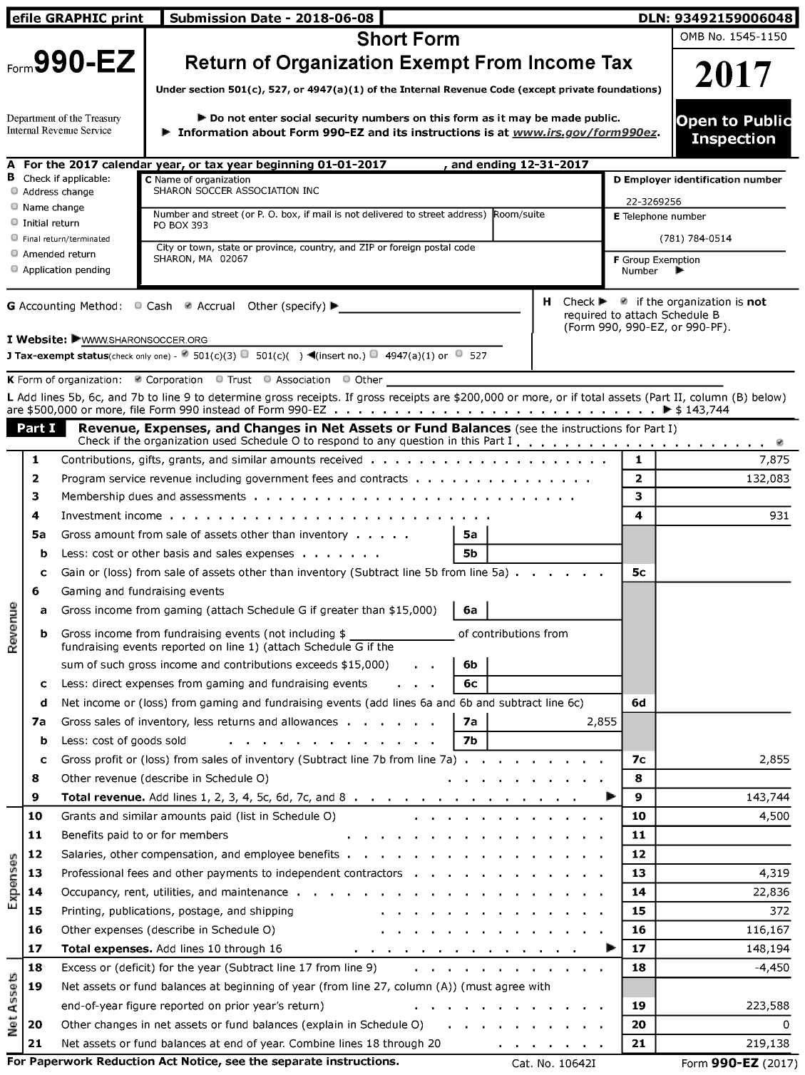 Image of first page of 2017 Form 990EZ for Sharon Soccer Association