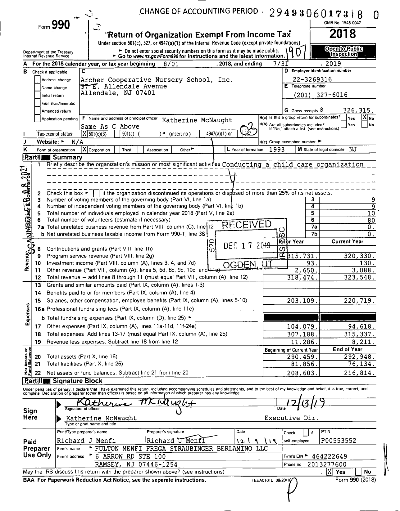 Image of first page of 2018 Form 990 for Archer Cooperative Nursery School