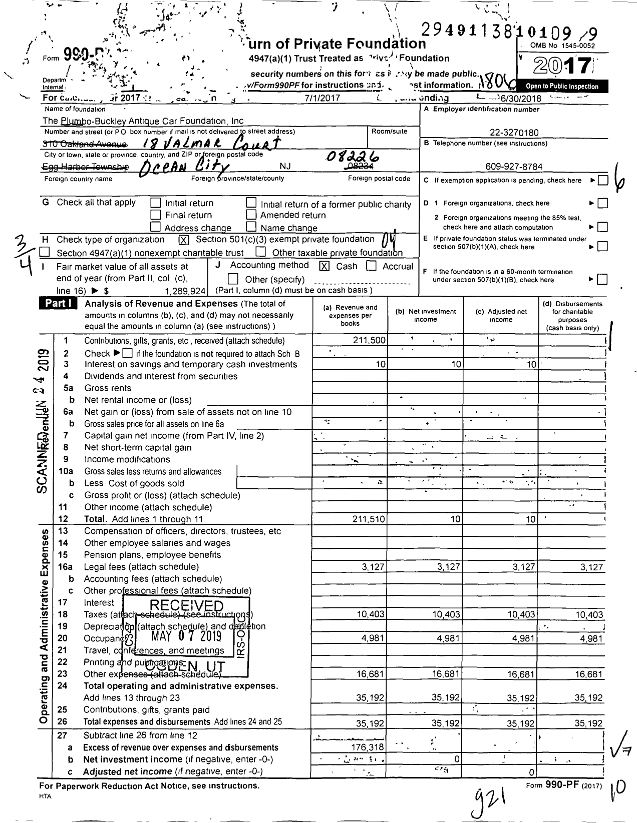 Image of first page of 2017 Form 990PF for The Plumbo-Buckley Car Foundation