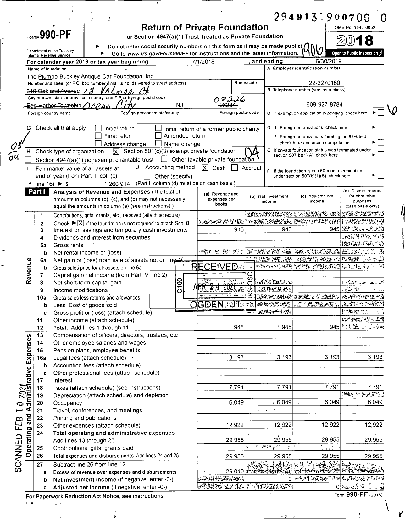 Image of first page of 2018 Form 990PF for The Plumbo-Buckley Car Foundation