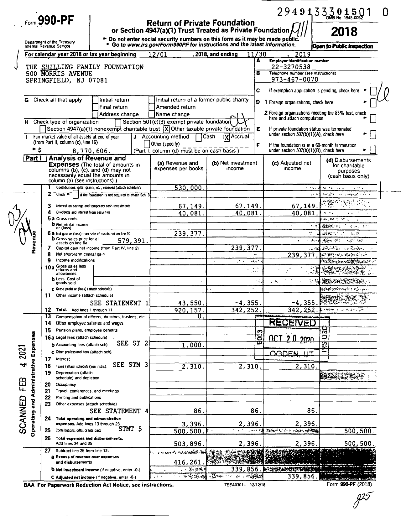 Image of first page of 2018 Form 990PF for The Shilling Family Foundation