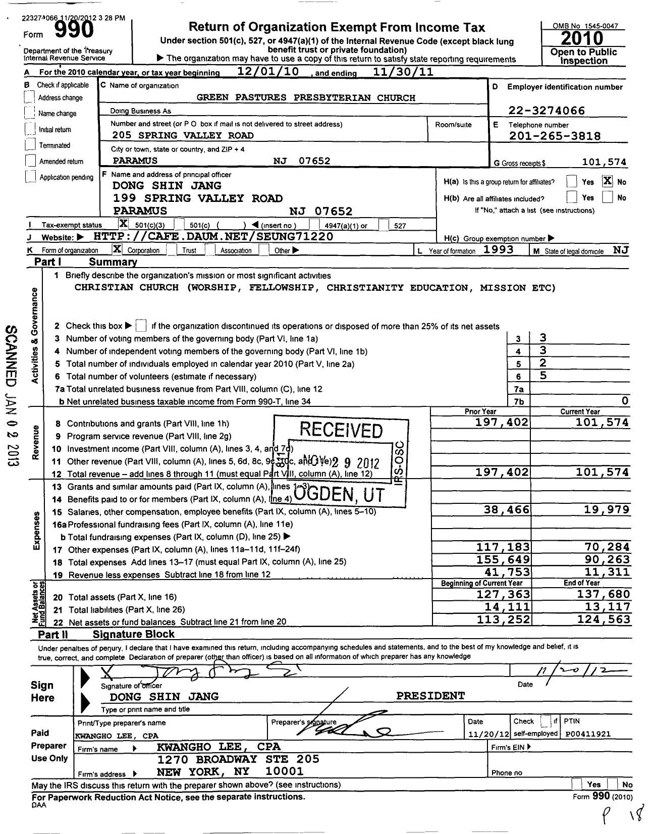 Image of first page of 2010 Form 990 for Green Pastures Presbyterian Church