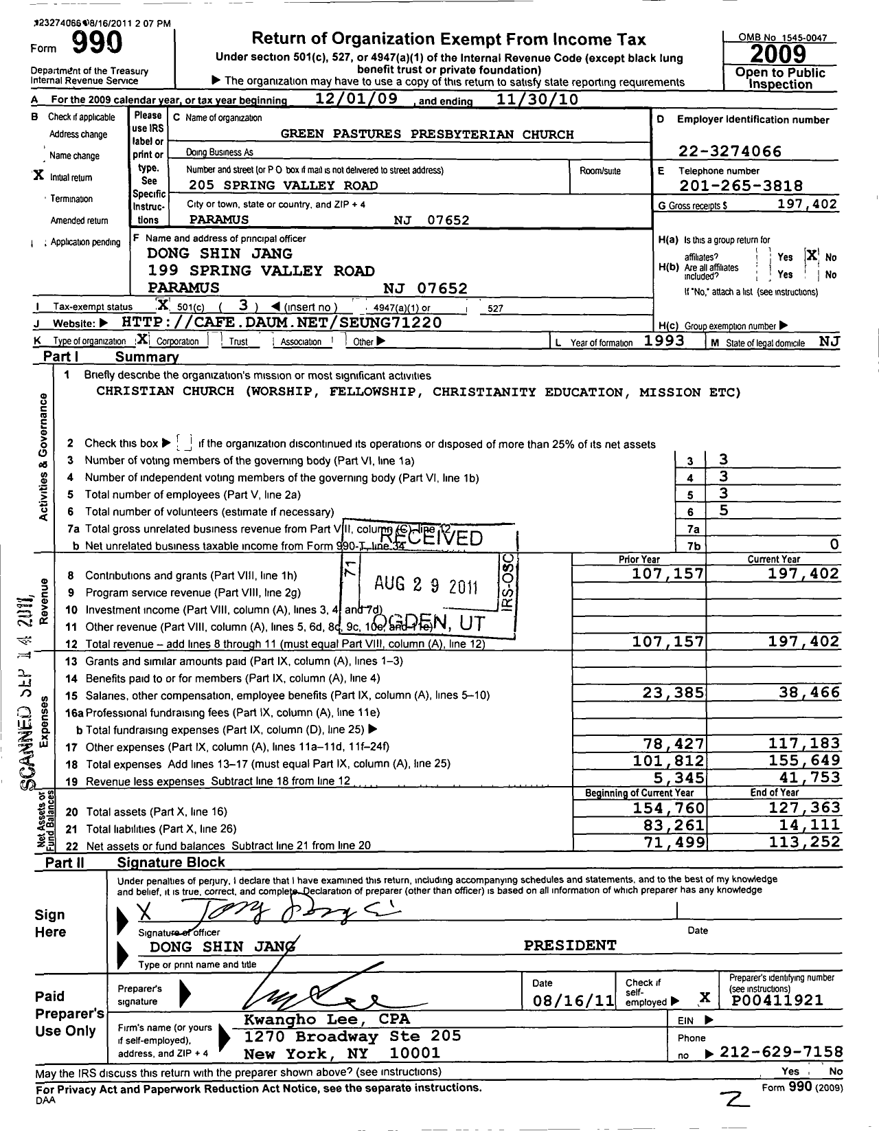 Image of first page of 2009 Form 990 for Green Pastures Presbyterian Church