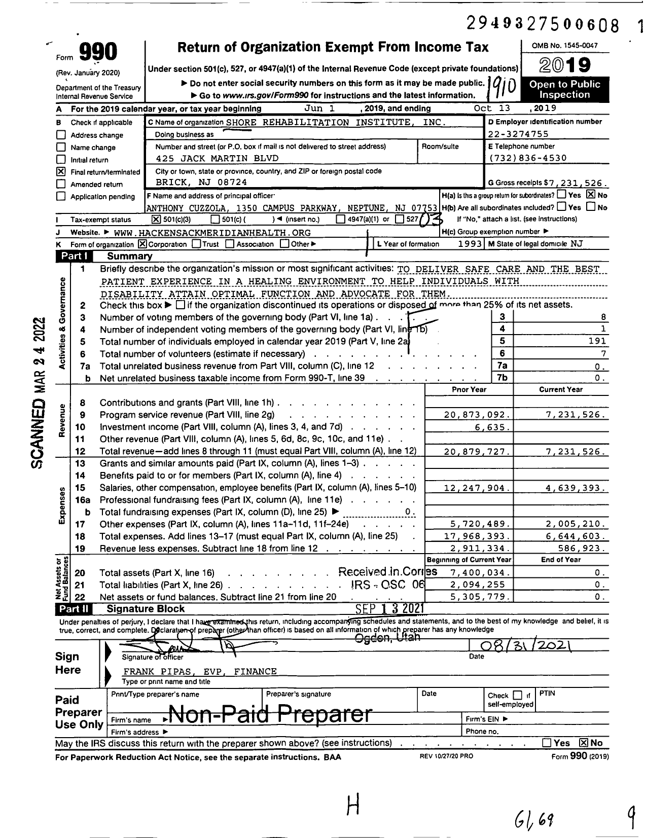 Image of first page of 2018 Form 990 for Shore Rehabilitation Institute (SRI)