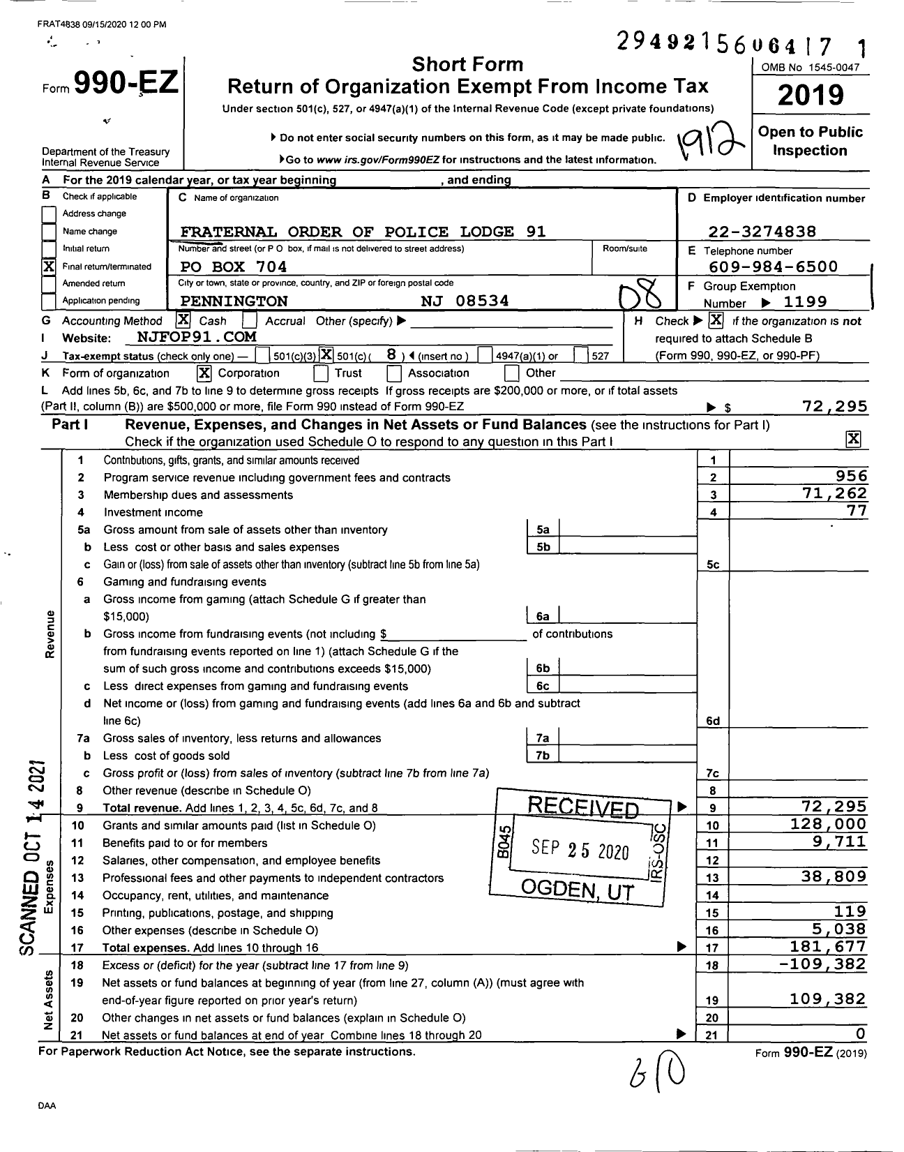 Image of first page of 2019 Form 990EO for Fraternal Order of Police Lodge 91