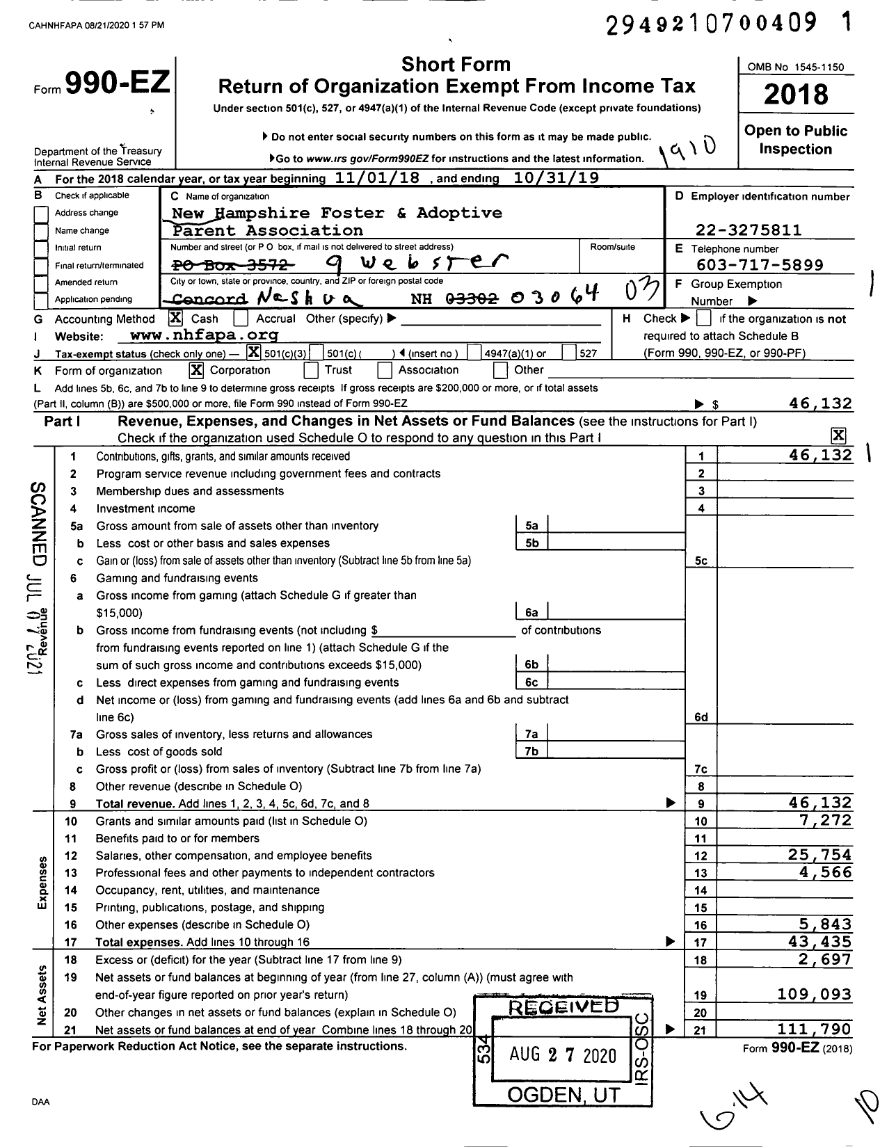 Image of first page of 2018 Form 990EZ for New Hampshire Foster and Adoptive Parent Association