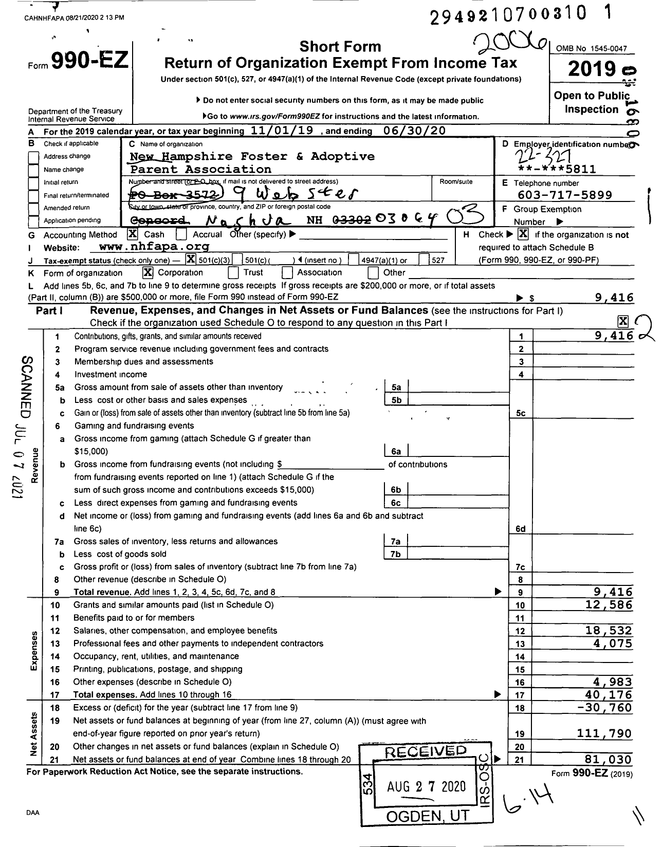 Image of first page of 2019 Form 990EZ for New Hampshire Foster and Adoptive Parent Association