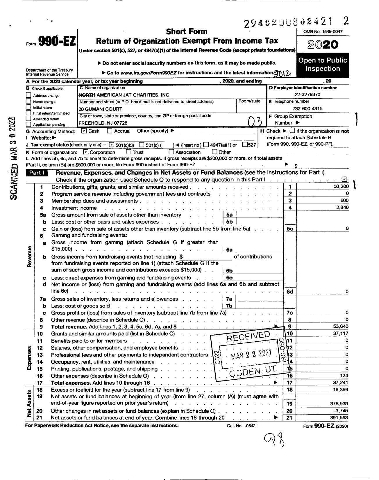 Image of first page of 2020 Form 990EZ for North American Jat Charities