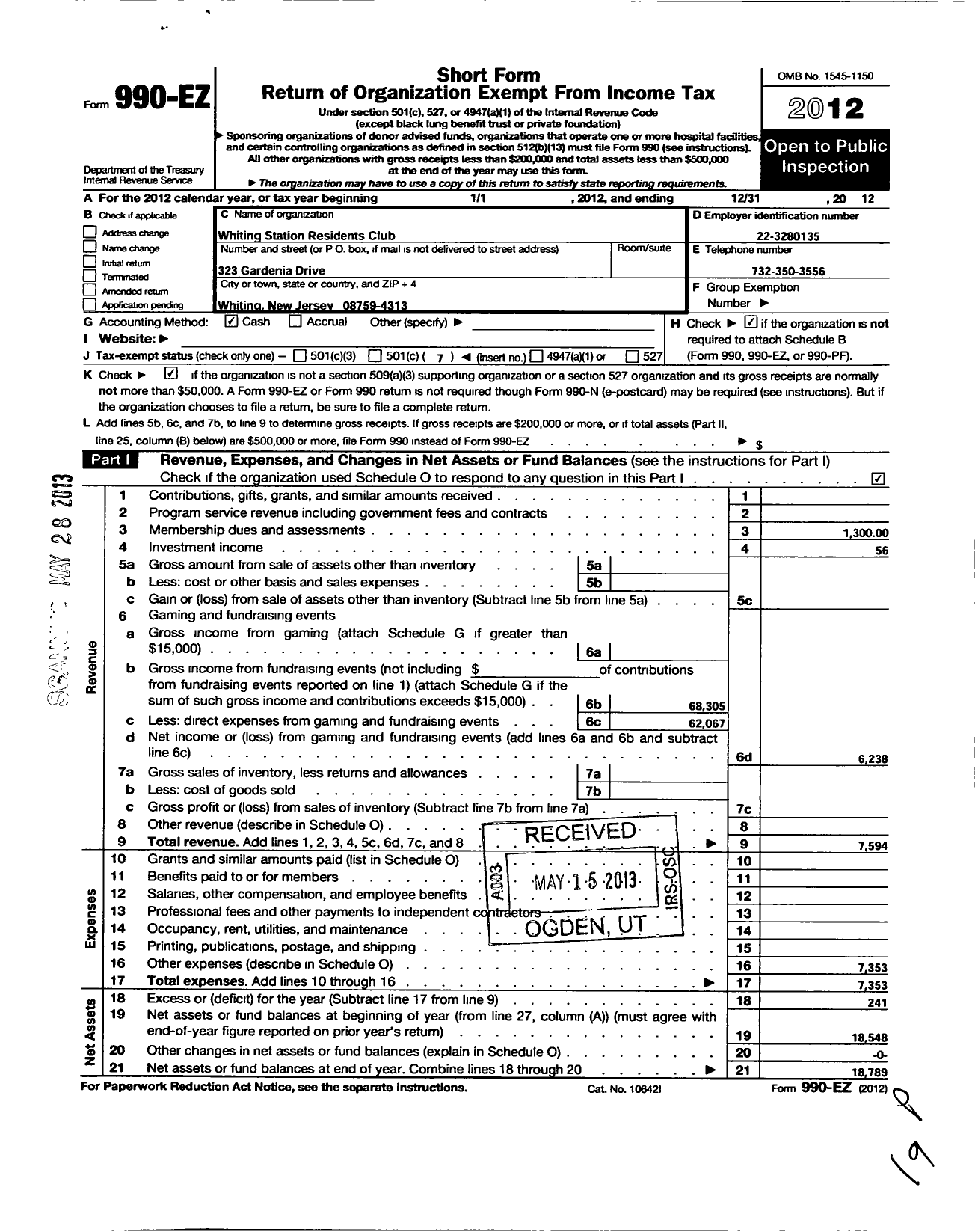 Image of first page of 2012 Form 990EO for Whiting Station Residents Club