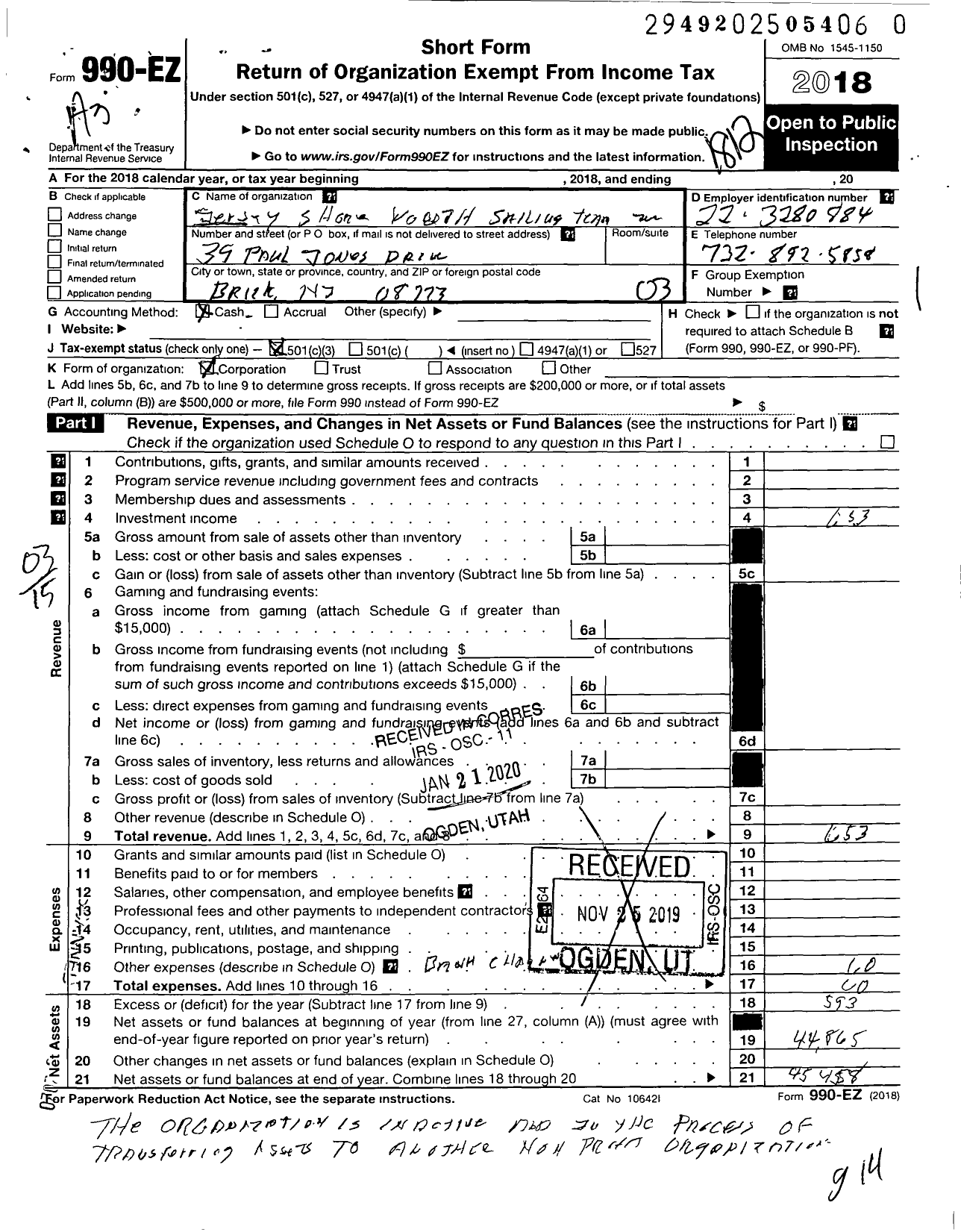 Image of first page of 2018 Form 990EZ for Jersey Shore Youth Sailing Team