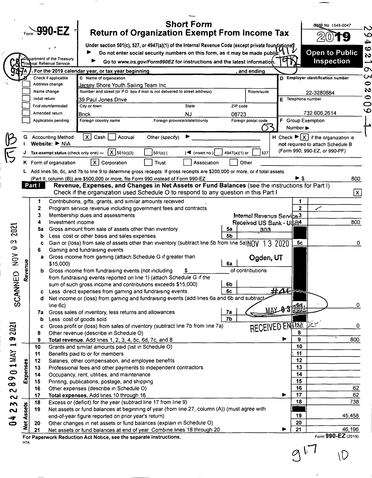 Image of first page of 2019 Form 990EZ for Jersey Shore Youth Sailing Team