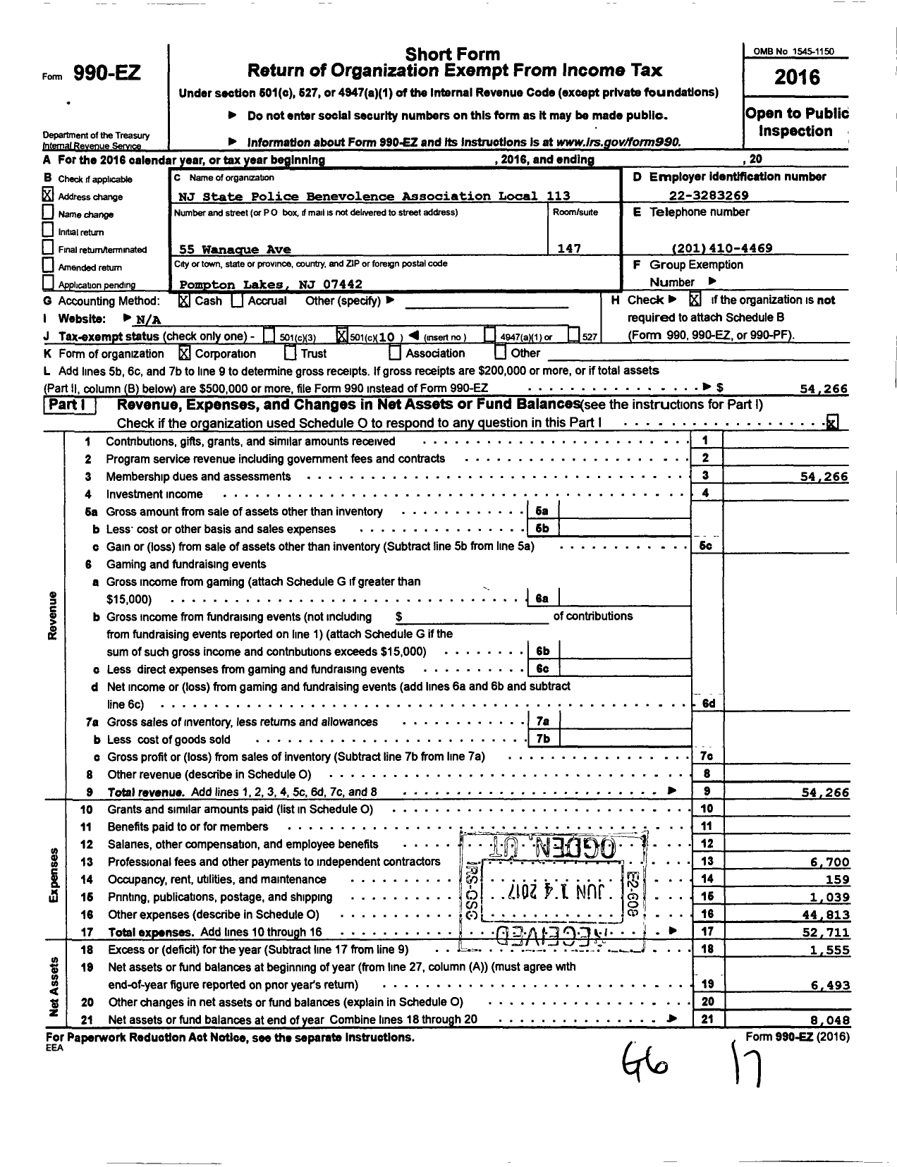 Image of first page of 2016 Form 990EO for NJ State Patrolmen's Benevolent Association - 113 Local Human Services Police Pba